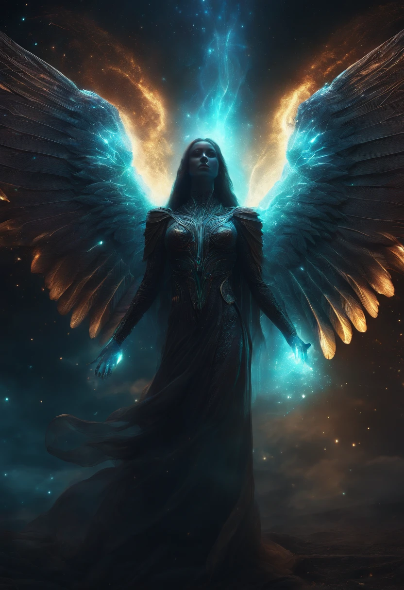 Cosmic Fallen Angel, glowing light eyes, Biomechanical, eerie, Creepy, nightmarish, Very bright colors, Light particles, with light glowing, Mshiff, wallpaper art, UHD wallpaper