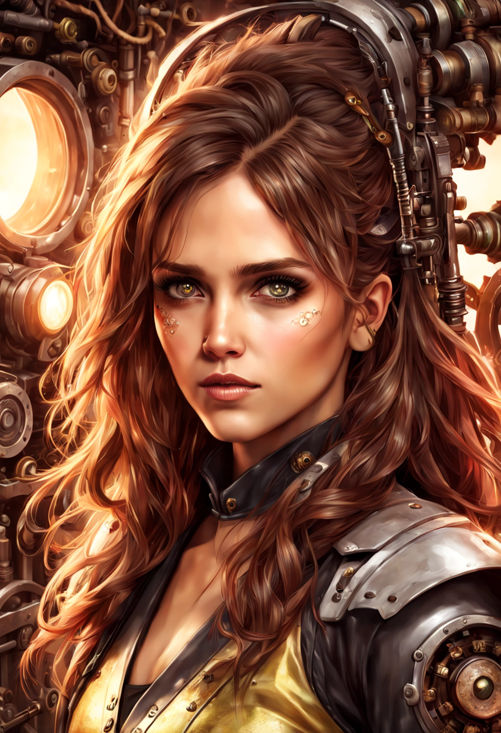 Jessica Alba, (absurdres, highres, ultra detailed), 1woman, mature female, aged, long wavy hair, split-colored hair, heterochromia, bangs, long sleeves, finely detailed eyes and detailed face, extremely detailed CG unit 8k wallpaper, intricate details, (style-rustmagic: 0.8), (medieval cyborg: 0.8), portrait, (bloody wounds:0.7), looking at the viewer, solo, half shot, detailed background, (steampunk theme:1.1) determined expression,  technomancer dark couds, floating lights, colorful leather vest with gears, techwear, jetpack, workshop in the background, machines, gears, steam, industry, technology, oven, dirt, anvil, buttons, levers, automaton, electricity, electric sparks epic atmosphere,, portrait