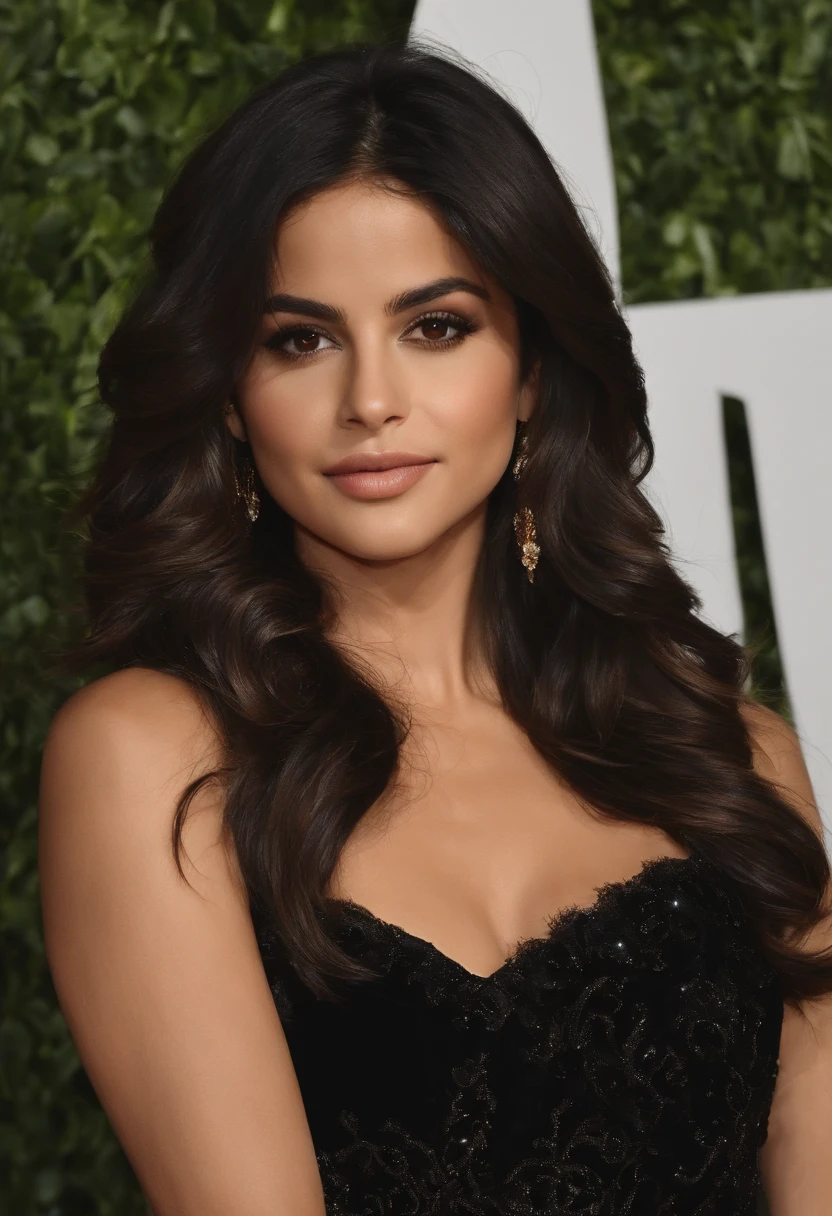 A brunette woman of Latin American descent, possessing striking beauty and a graceful bearing that evokes the charm and magnetism of Latin celebrities. Ses yeux en amande, profonds et expressifs, rappellent ceux de Selena Gomez, Glittering with a mysterious spark. La teinte chaude de sa peau, A golden olive hue, evokes Camila Cabello's sunny roots. Sa silhouette, both athletic and feminine, recalls Shakira's grace and energy, notamment lorsqu'elle se meut avec aisance et confiance.

En ce qui concerne sa coiffure, elle pourrait arborer de longues boucles brunes, falling freely on his shoulders, Camila's way, ou optez pour un, Sleeker fit, reminiscent of Selena's varied styles. She could accessorize with dangling earrings or sparkly bracelets, adding a touch of glamour and sparkle to its ensemble.

As for her outfit, She could choose clothes that flattered her figure, such as bodycon dresses or ruffled skirts, Inspired by the chic and contemporary style of these icons. These pieces can be complemented with high heels or elegant ankle boots, ajoutant une touche de sophistication.