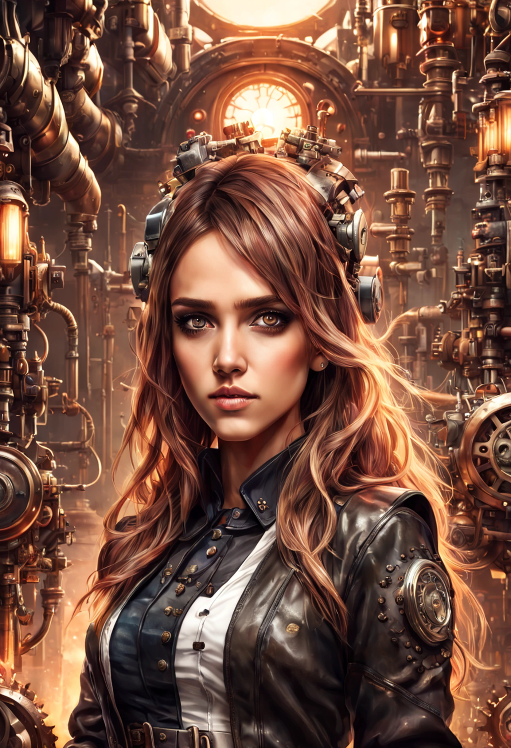 Jessica Alba, (absurdres, highres, ultra detailed), 1woman, mature female, aged, long wavy hair, split-colored hair, heterochromia, bangs, long sleeves, finely detailed eyes and detailed face, extremely detailed CG unit 8k wallpaper, intricate details, (style-rustmagic: 0.8), (medieval cyborg: 0.8), portrait, (bloody wounds:0.7), looking at the viewer, solo, half shot, detailed background, (steampunk theme:1.1) determined expression, technomancer dark couds, floating lights, colorful leather vest with gears, techwear, jetpack, workshop in the background, machines, gears, steam, industry, technology, oven, dirt, anvil, buttons, levers, automaton, electricity, electric sparks epic atmosphere,, portrait