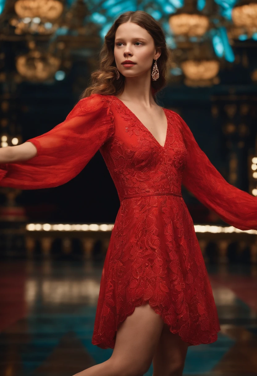 Mia Goth，Brown hair，Red dress with long sleeves，Dancing，bright，Happy，Colorful，Masterpiece，Best quality，filmposter