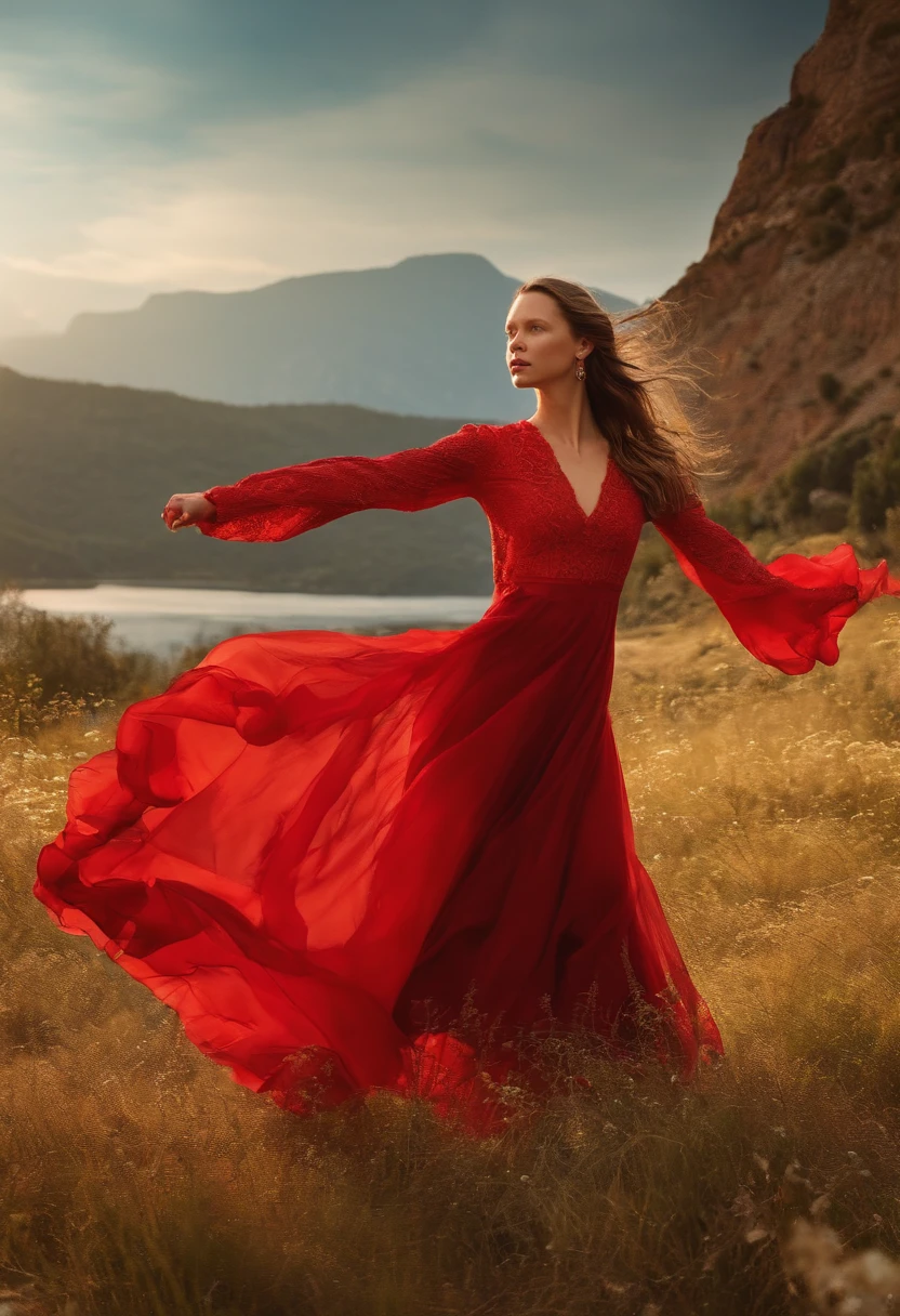 Mia Goth,Brown hair,Red dress with long sleeves,Dancing,bright,Happy,Colorful,Masterpiece,Best quality,filmposter