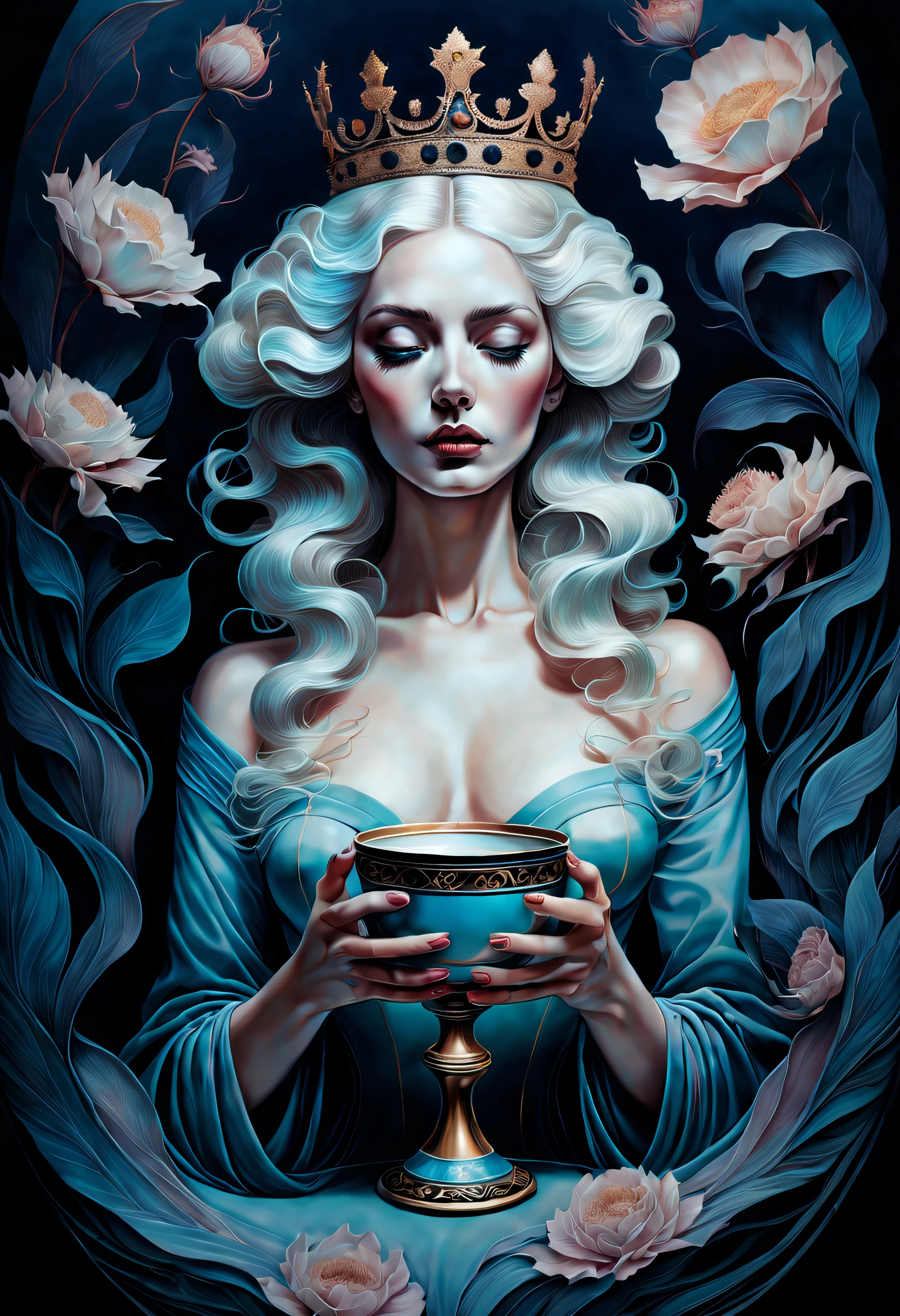 chiaroscuro technique on sensual illustration of an queen of cups, vintage queen, eerie, matte painting, by Hannah Dale, by Harumi Hironaka, extremely soft colors, hint of pastel, highly detailed, digital artwork, high contrast, dramatic, refined, tonal, highest quality，anatomy correct，ultra-wide-angle，depth of fields