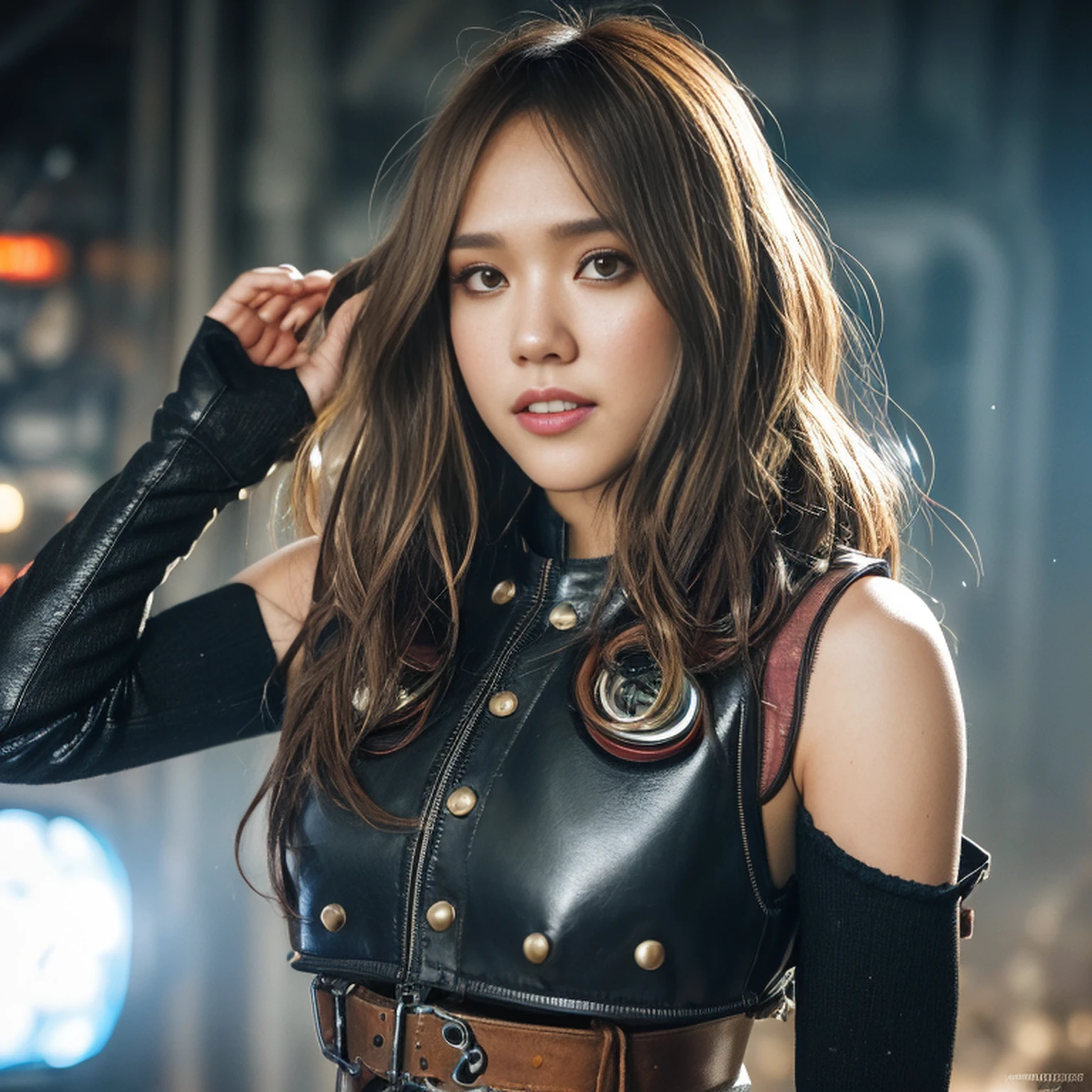 Jessica Alba, (absurdres, highres, ultra detailed), 1woman, mature female, aged, long wavy hair, split-colored hair, heterochromia, bangs, long sleeves, finely detailed eyes and detailed face, extremely detailed CG unit 8k wallpaper, intricate details, (style-rustmagic: 0.8), (medieval cyborg: 0.8), portrait, (bloody wounds:0.7), looking at the viewer, solo, half shot, detailed background, (steampunk theme:1.1) determined expression, technomancer dark couds, floating lights, colorful leather vest with gears, techwear, jetpack, workshop in the background, machines, gears, steam, industry, technology, oven, dirt, anvil, buttons, levers, automaton, electricity, electric sparks epic atmosphere,, portrait