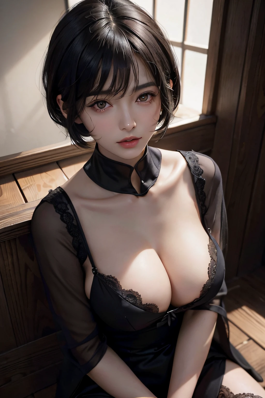 a 20 yo woman、A dark-haired、(Top Fade:1.3)、dark themed、Muted Tones、Subdued Color、highly contrast、(natural skin textures、Hyper-Realism、Soft light、sharp)、(masuter piece:1.3)、(8k、Photorealsitic、RAW Photography、top-quality: 1.4)、(1girl)、beautiful countenance、(lifelike face)、(A dark-haired、short-hair:1.3)、Beautiful hairstyle、realisticeyes、Beautiful details、(real looking skin)、Beautiful skins、absurderes、enticing、超A high resolution、A hyper-realistic、high-detail、the golden ratio、medium breasts、cleavage of the breast