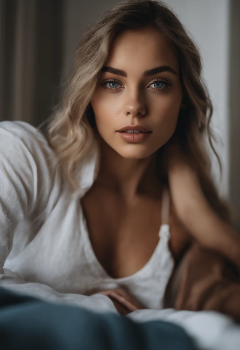 Mujer con camiseta sin mangas y bragas a juego, Chica sexy con ojos azules, Retrato Sophie Mudd, Retrato de Corinna Kopf, cabello rubio y ojos grandes, Selfie de una mujer joven, Ojos en el dormitorio, Violeta Myers, ohne Maquillaje, Maquillaje natural, staring directly into camera, Cara con Artgram, dezentes Maquillaje, Impresionante foto de cuerpo completo, en el dormitorio, Fission