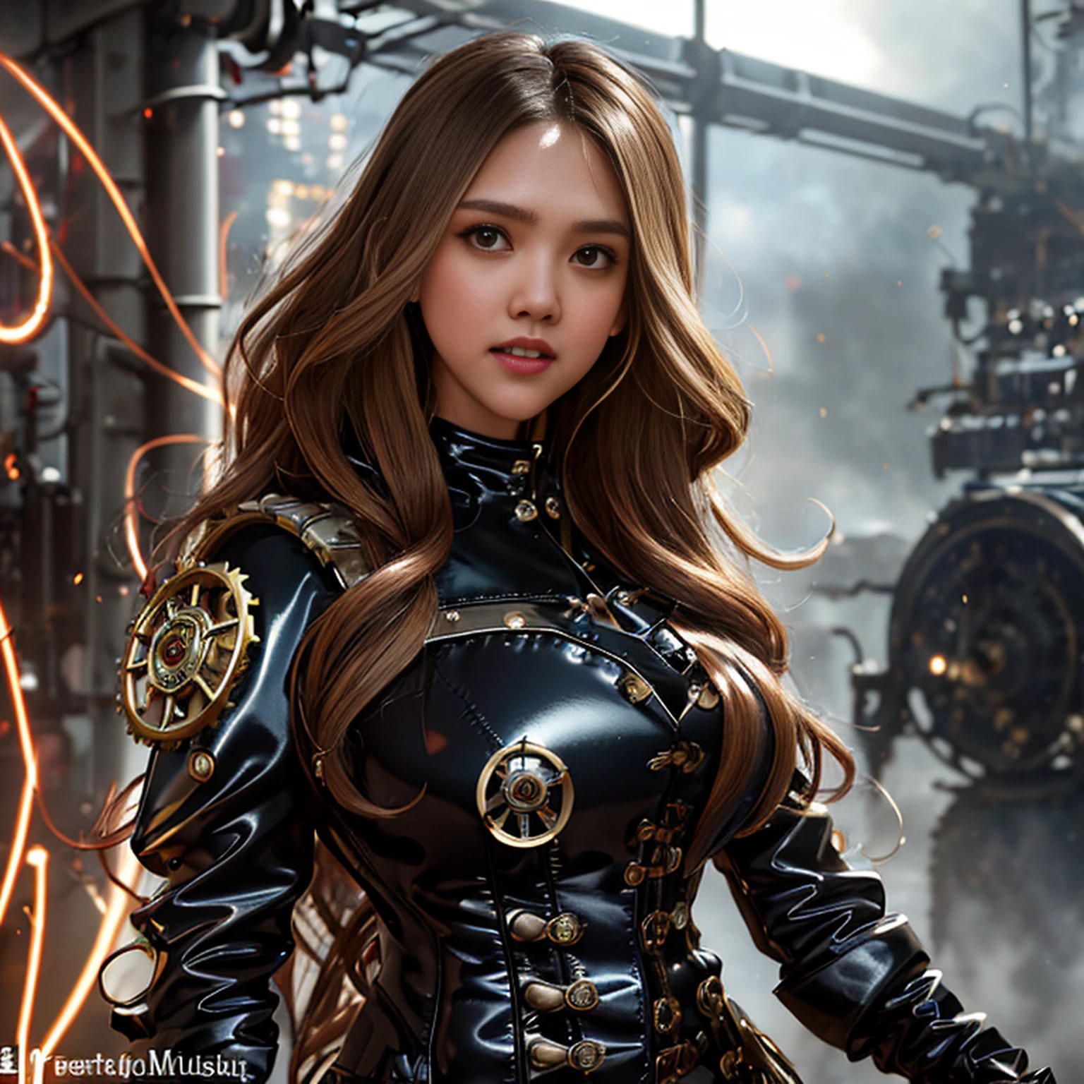 Jessica Alba, (absurdres, highres, ultra detailed), 1woman, mature female, aged, long wavy hair, split-colored hair, heterochromia, bangs, long sleeves, finely detailed eyes and detailed face, extremely detailed CG unit 8k wallpaper, intricate details, (style-rustmagic: 0.8), (medieval cyborg: 0.8), portrait, (bloody wounds:0.7), looking at the viewer, solo, half shot, detailed background, (steampunk theme:1.1) determined expression,  technomancer dark couds, floating lights, colorful leather vest with gears, techwear, jetpack, workshop in the background, machines, gears, steam, industry, technology, oven, dirt, anvil, buttons, levers, automaton, electricity, electric sparks epic atmosphere,, portrait