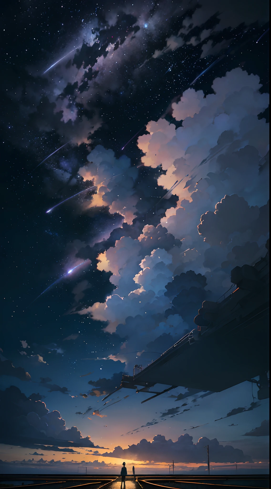 Anime scene where trains pass under blue and purple skies，Anime drawing by Makoto Shinkai，Popular trends on pixiv，magic realism，beautiful anime scenes，Cosmos Sky。 By Makoto Shinkai, ( ( Makoto Shinkai ) ), By Makoto Shinkai, Anime background art, Shinkai Makoto style.Detail enhancement，Perfect detailing，The stars twinkle