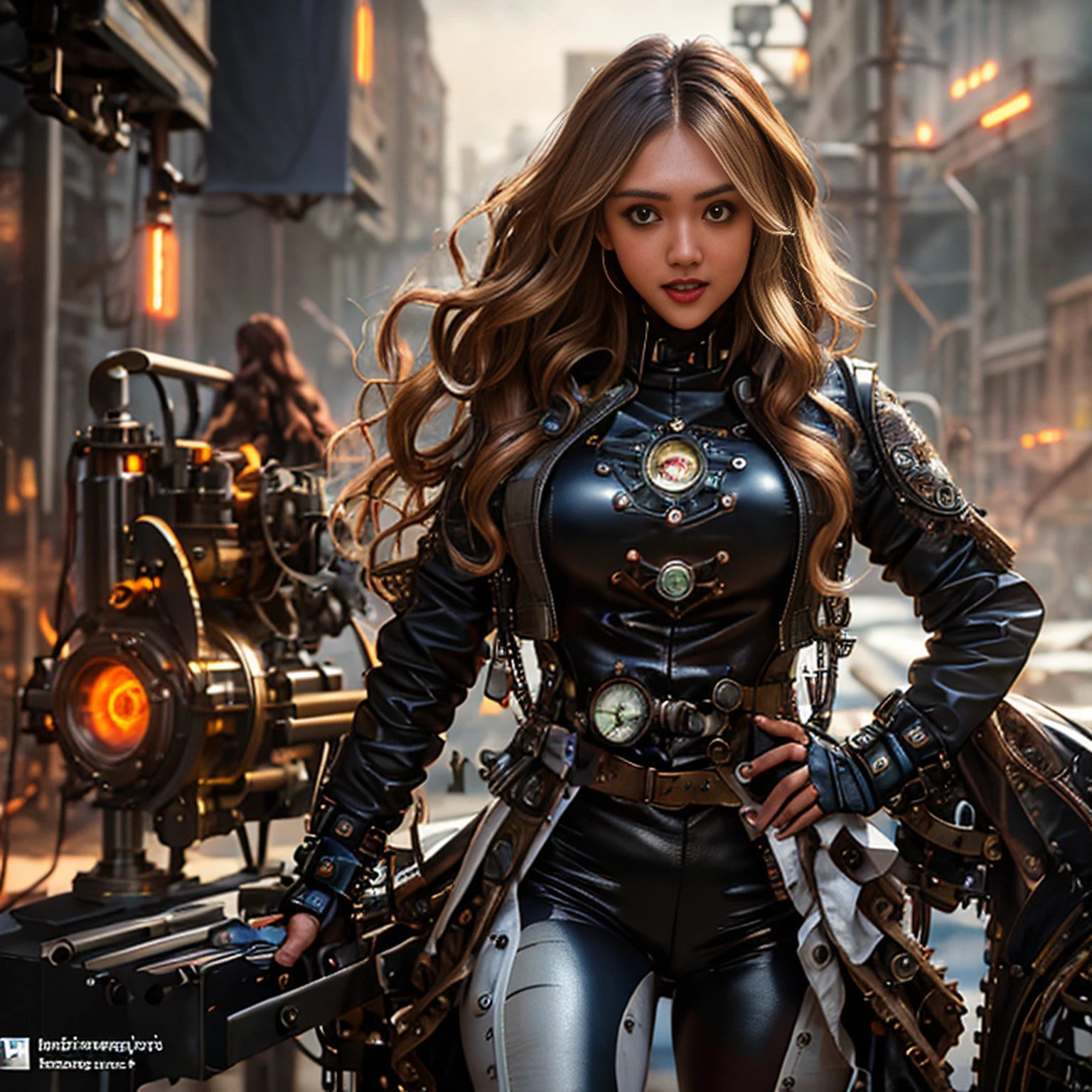 Jessica Alba, (absurdres, highres, ultra detailed), 1woman, mature female, aged, long wavy hair, split-colored hair, heterochromia, bangs, long sleeves, finely detailed eyes and detailed face, extremely detailed CG unit 8k wallpaper, intricate details, (style-rustmagic: 0.8), (medieval cyborg: 0.8), portrait, (bloody wounds:0.7), looking at the viewer, solo, half shot, detailed background, (steampunk theme:1.1) determined expression,  technomancer dark couds, floating lights, colorful leather vest with gears, techwear, jetpack, workshop in the background, machines, gears, steam, industry, technology, oven, dirt, anvil, buttons, levers, automaton, electricity, electric sparks epic atmosphere,, portrait