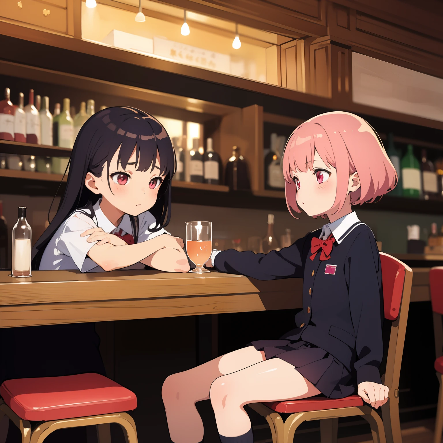 (masterpiece, best quality), 2girls, ite, lol childoool uniform, sitting in a bar, drinking, ln a bar, sdunk, blush, sleepy, dark, vibrant colors, watercolor