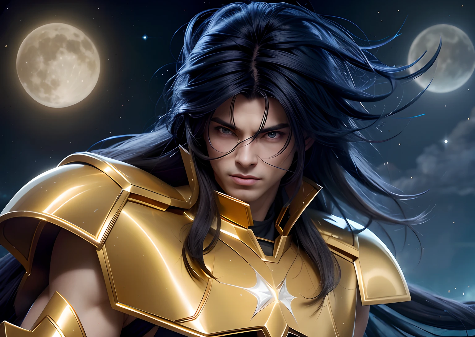 Cinematic stunningly detailed and ultra-realistic Saga go gemini of Saint Seiya. Close up. He is waring pretty realistic golden armor. Bright golden armor. Detailed gold armor. Octane is the perfect tool to capture the softest details of this 16k photography masterpiece. He is a handsome caucasian man about 40 years old. 1boy. Beautiful face. Caucasian man. Detailed face. Beautiful nose. (Pretty blue eyes). Perfect eyes. Shaved. Diamond face. He has a long messy straight blue hair and bands. ((Shaved)). He is staring his enemy. Multiple stars at night background.