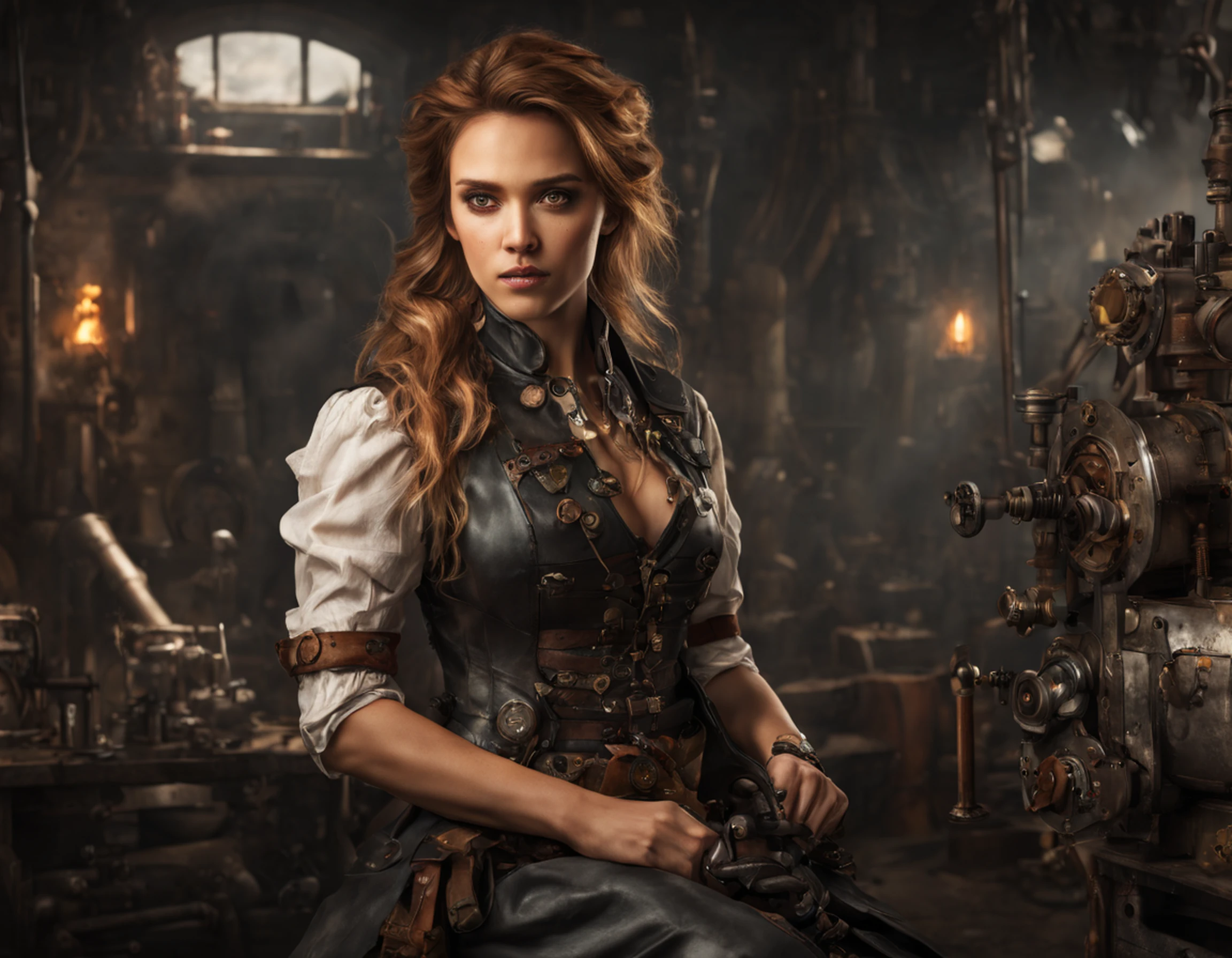 Jessica Alba, (absurdres, highres, ultra detailed), 1woman, mature female, aged, long wavy hair, split-colored hair, heterochromia, bangs, long sleeves, finely detailed eyes and detailed face, extremely detailed CG unit 8k wallpaper, intricate details, (style-rustmagic: 0.8), (medieval cyborg: 0.8), portrait, (bloody wounds:0.7), looking at the viewer, solo, half shot, detailed background, (steampunk theme:1.1) determined expression, technomancer dark couds, floating lights, colorful leather vest with gears, techwear, jetpack, workshop in the background, machines, gears, steam, industry, technology, oven, dirt, anvil, buttons, levers, automaton, electricity, electric sparks epic atmosphere,, portrait