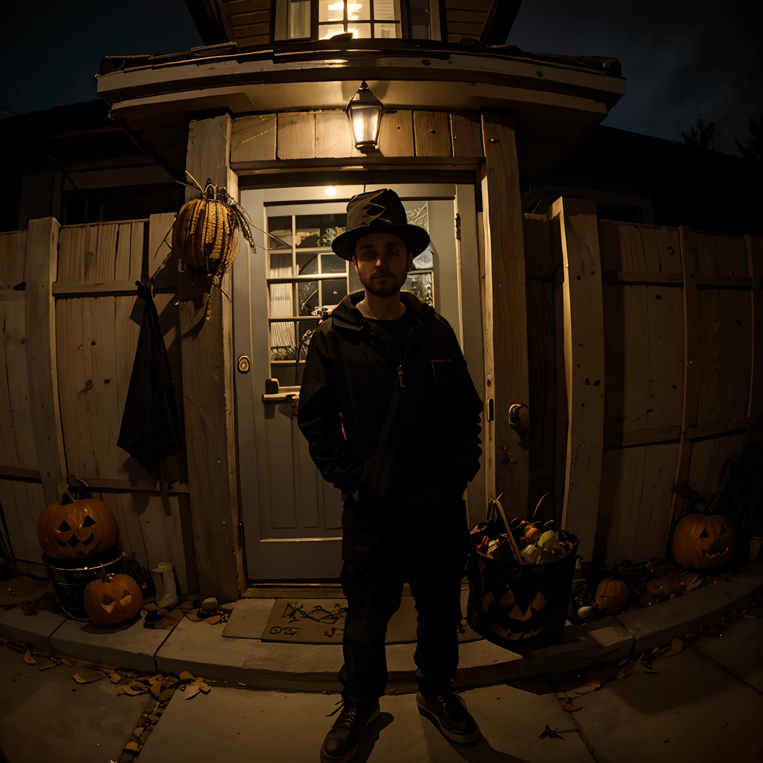 Fisheye lens of Jesse Pinkman on a doorstep trick or treating