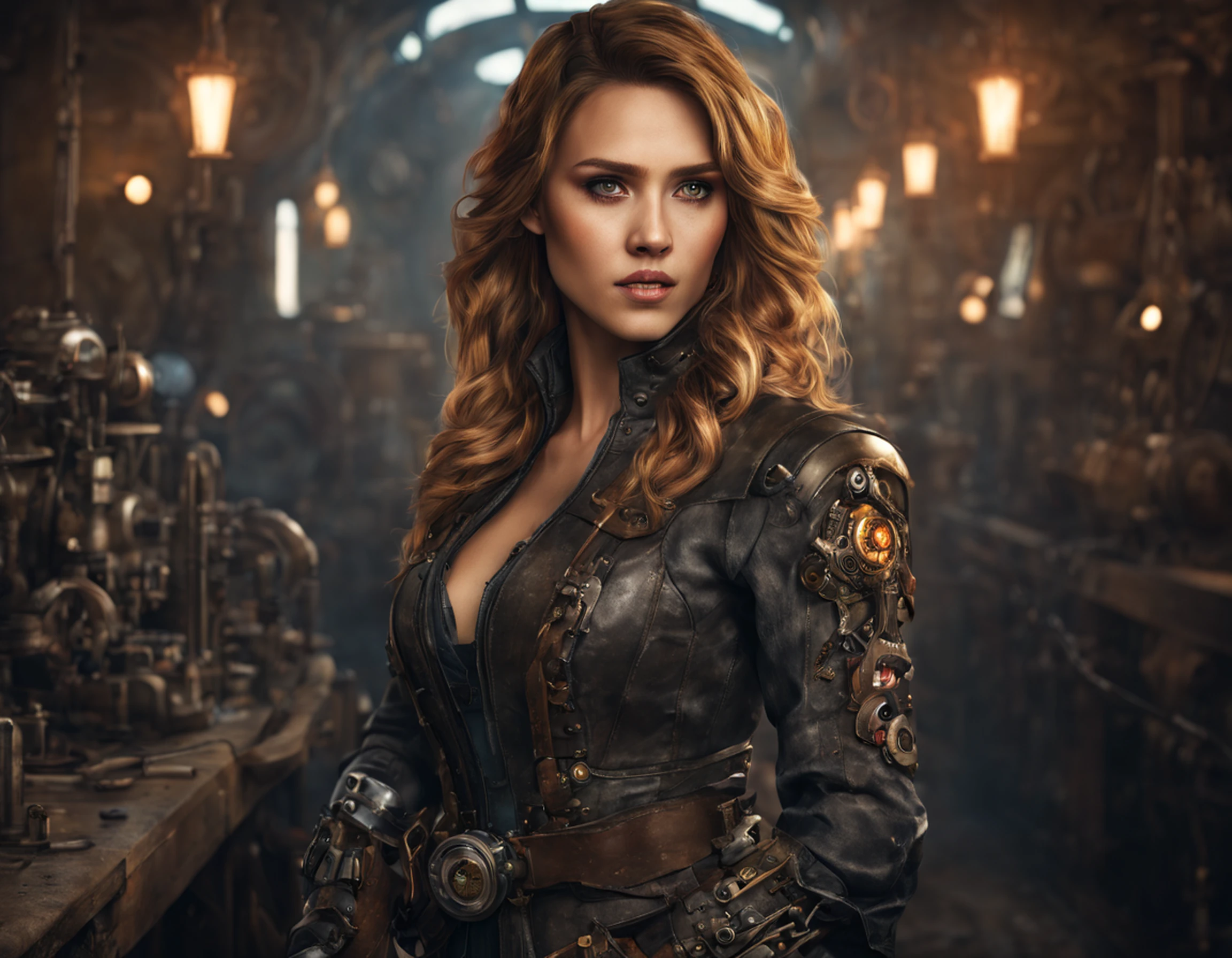 Jessica Alba, (absurdres, highres, ultra detailed), 1woman, mature female, aged, long wavy hair, split-colored hair, heterochromia, bangs, long sleeves, finely detailed eyes and detailed face, extremely detailed CG unit 8k wallpaper, intricate details, (style-rustmagic: 0.8), (medieval cyborg: 0.8), portrait, (bloody wounds:0.7), looking at the viewer, solo, half shot, detailed background, (steampunk theme:1.1) determined expression, technomancer dark couds, floating lights, colorful leather vest with gears, techwear, jetpack, workshop in the background, machines, gears, steam, industry, technology, oven, dirt, anvil, buttons, levers, automaton, electricity, electric sparks epic atmosphere,, portrait