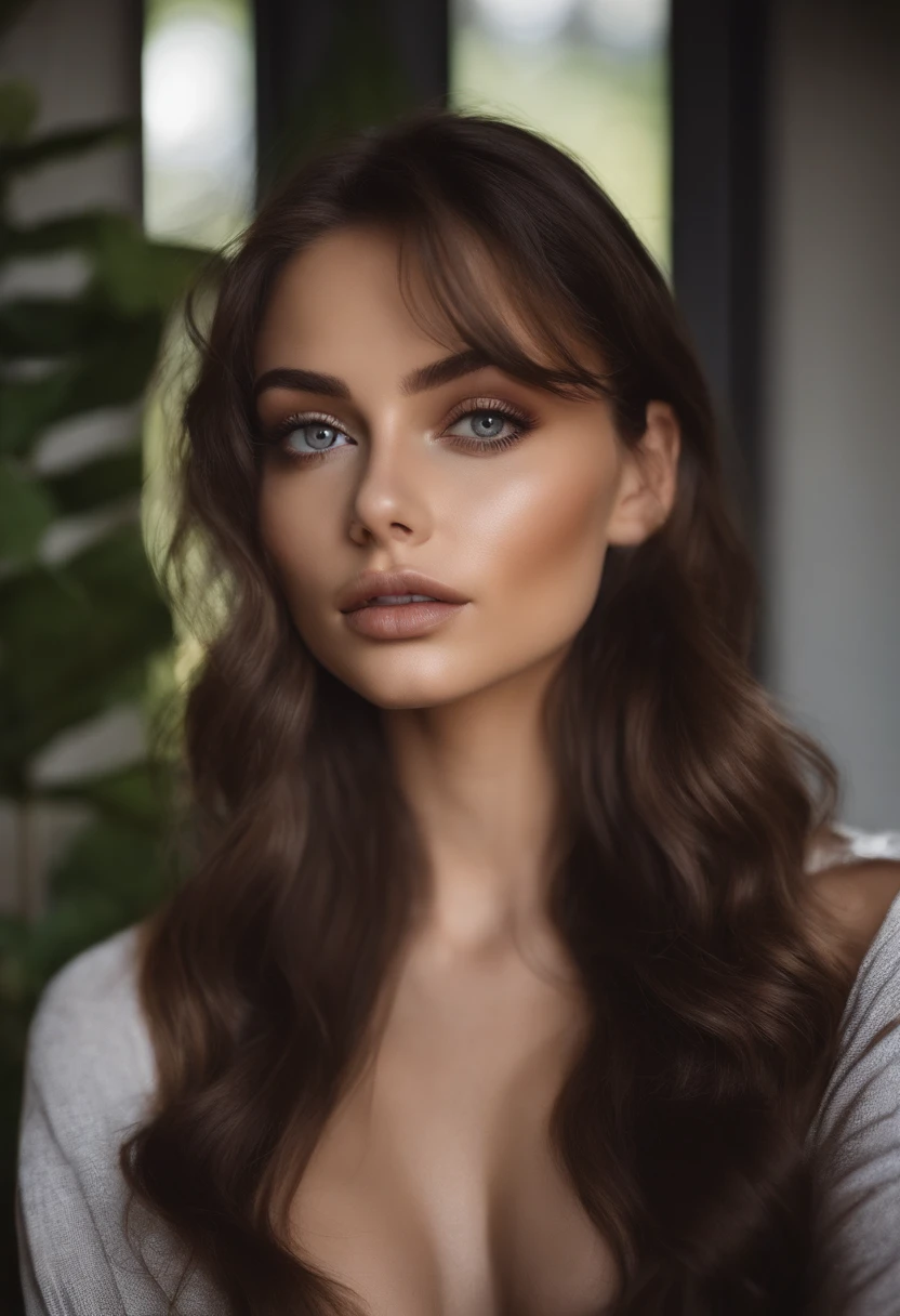 Arafed woman with black clothes, fille sexy aux yeux bruns, Portrait Sophie Mudd, cheveux bruns et grands yeux, selfie of a young woman, Yeux de chambre, Violet Myers, sans maquillage, maquillage naturel, looking straight at camera, Visage avec Artgram, Maquillage subtil, Superbe photo du corps entier, dans la chambre, clivage