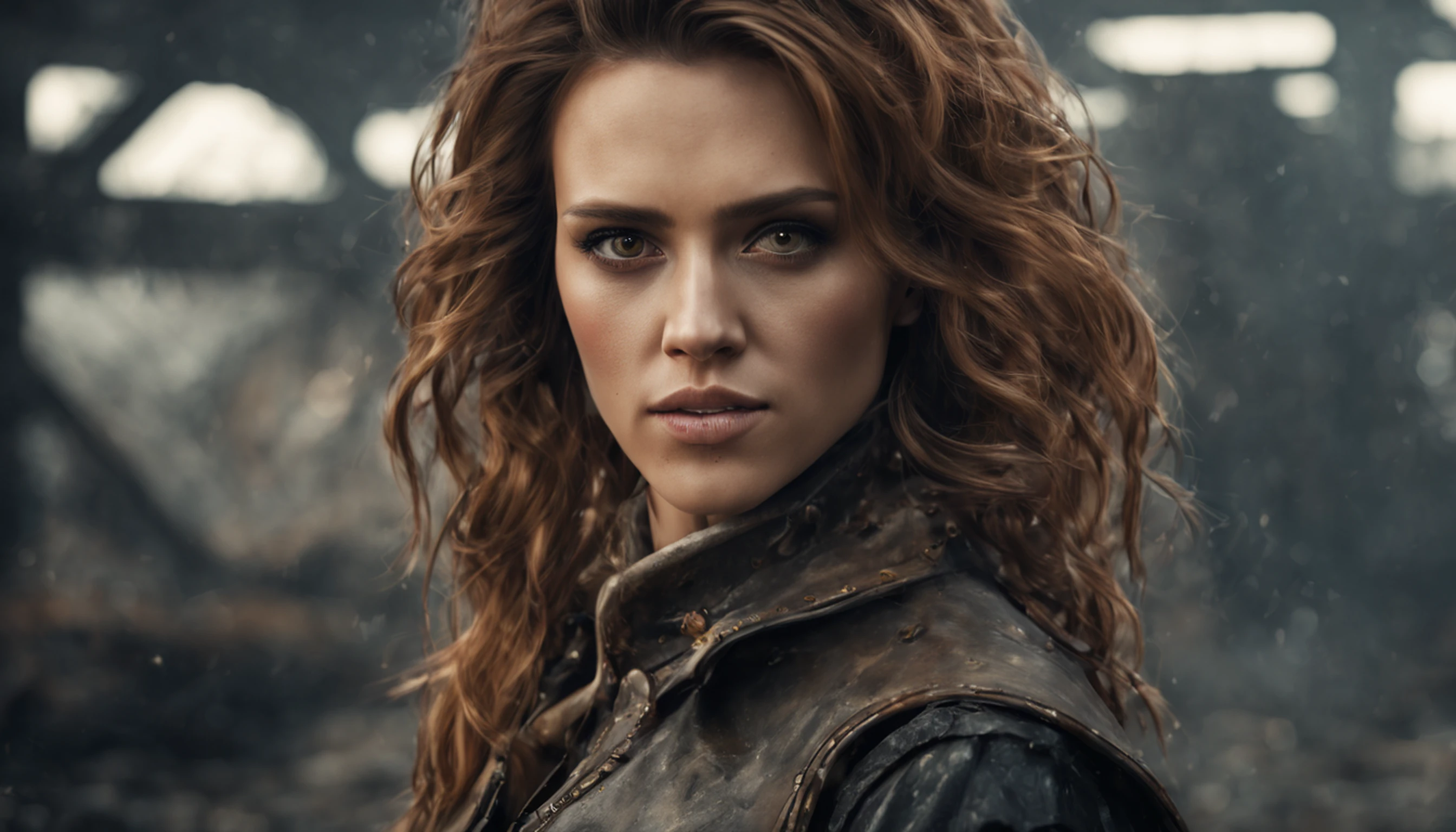 Jessica Alba, (absurdres, highres, ultra detailed), 1woman, mature female, aged, long wavy hair, split-colored hair, heterochromia, bangs, long sleeves, finely detailed eyes and detailed face, extremely detailed CG unit 8k wallpaper, intricate details, (style-rustmagic: 0.8), (medieval cyborg: 0.8), portrait, (bloody wounds:0.7), looking at the viewer, solo, half shot, detailed background, (steampunk theme:1.1) determined expression, technomancer dark couds, floating lights, colorful leather vest with gears, techwear, jetpack, workshop in the background, machines, gears, steam, industry, technology, oven, dirt, anvil, buttons, levers, automaton, electricity, electric sparks epic atmosphere,, portrait