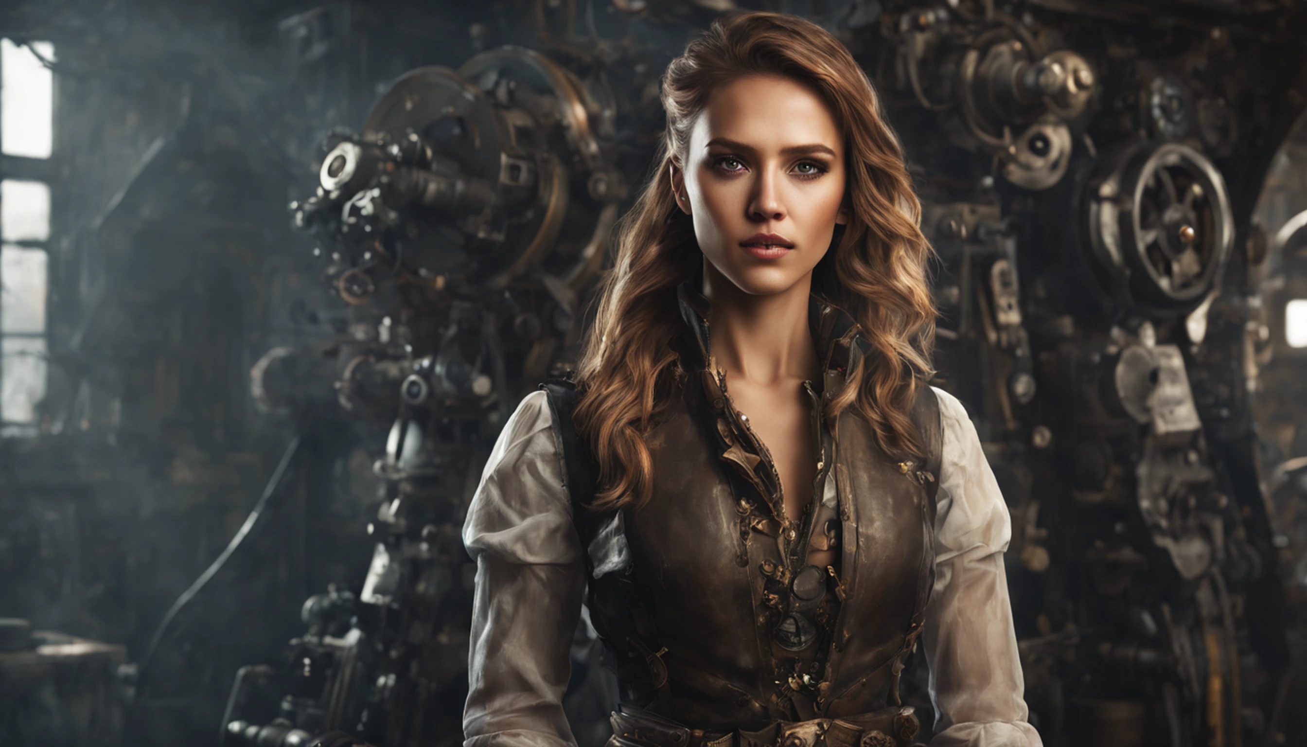 Jessica Alba, (absurdres, highres, ultra detailed), 1woman, mature female, aged, long wavy hair, split-colored hair, heterochromia, bangs, long sleeves, finely detailed eyes and detailed face, extremely detailed CG unit 8k wallpaper, intricate details, (style-rustmagic: 0.8), (medieval cyborg: 0.8), portrait, (bloody wounds:0.7), looking at the viewer, solo, half shot, detailed background, (steampunk theme:1.1) determined expression, technomancer dark couds, floating lights, colorful leather vest with gears, techwear, jetpack, workshop in the background, machines, gears, steam, industry, technology, oven, dirt, anvil, buttons, levers, automaton, electricity, electric sparks epic atmosphere,, portrait