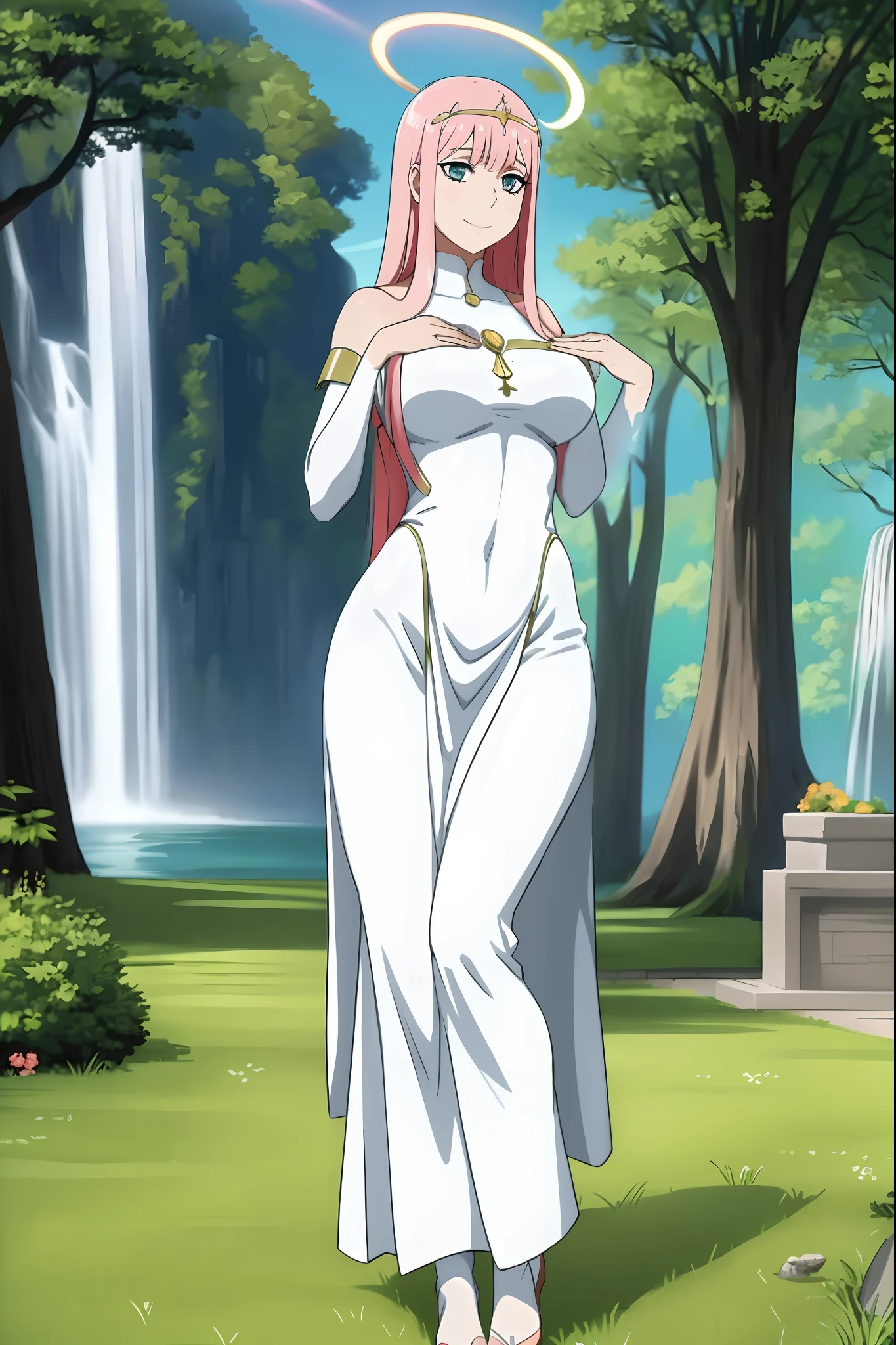 Zero Two, dress, sun halo, holy, smile, medium breast, priestess, full body, walking, divine aura, sun halo, solar halo, long skirt, porcelain skin, ethereal, graceful movement, flowing golden hair, radiant beauty, enchanting gaze, serene expression, soft sunlight, angelic presence, celestial atmosphere, mystical background, celestial light, glowing halo, gentle breeze, ethereal glow, captivating aura, divine radiance, natural beauty, sublime elegance, heavenly charm, peaceful countenance, harmonious surroundings, ethereal grace, mesmerizing presence, transcendent allure, magical serenity, serene and majestic, radiant happiness, heavenly enchantment, delicate features, elegant posture, celestial maiden, otherworldly presence, serene and ethereal, divine embodiment, celestial being, spiritual tranquility, mesmerizing beauty, ethereal goddess, radiant purity.