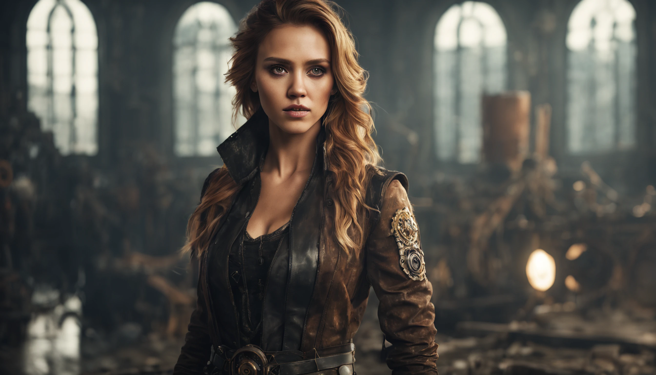 Jessica Alba, (absurdres, highres, ultra detailed), 1woman, mature female, aged, long wavy hair, split-colored hair, heterochromia, bangs, long sleeves, finely detailed eyes and detailed face, extremely detailed CG unit 8k wallpaper, intricate details, (style-rustmagic: 0.8), (medieval cyborg: 0.8), portrait, (bloody wounds:0.7), looking at the viewer, solo, half shot, detailed background, (steampunk theme:1.1) determined expression,  technomancer dark couds, floating lights, colorful leather vest with gears, techwear, jetpack, workshop in the background, machines, gears, steam, industry, technology, oven, dirt, anvil, buttons, levers, automaton, electricity, electric sparks epic atmosphere,, portrait
