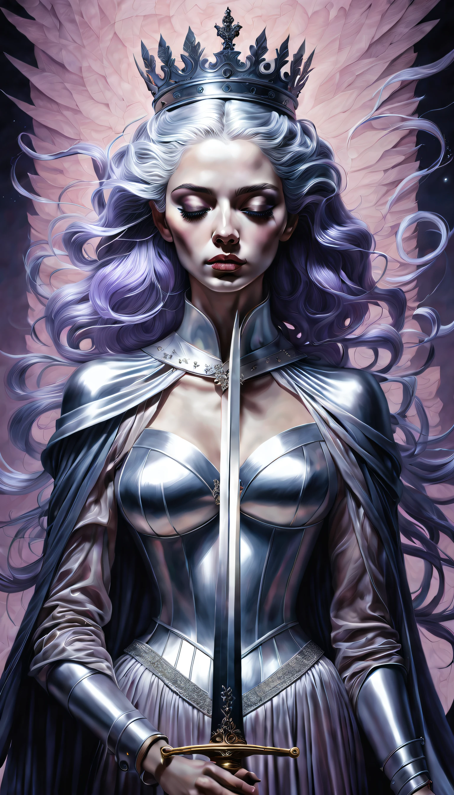 chiaroscuro technique on sensual illustration of an queen of swords, wisdom vintage queen, silver hair, eerie, matte painting, by Hannah Dale, by Harumi Hironaka, extremely soft colors, hint of pastel lavender, highly detailed, digital artwork, high contrast, dramatic, refined, tonal, highest quality，anatomy correct，ultra-wide-angle，depth of fields