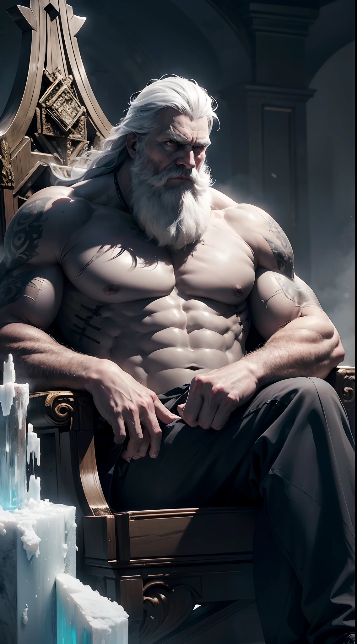 a nordic giant, strong, full body, old calm face, lots of scars on body, serious look, sitting on a big throne of ice and bones, look at the the viewer, flare lens, 4k, hyper detailed, hyper realistic, soft light, soft shadows, wide depth of field, radiant mapping, high dynamic range, intricate masterpiece,