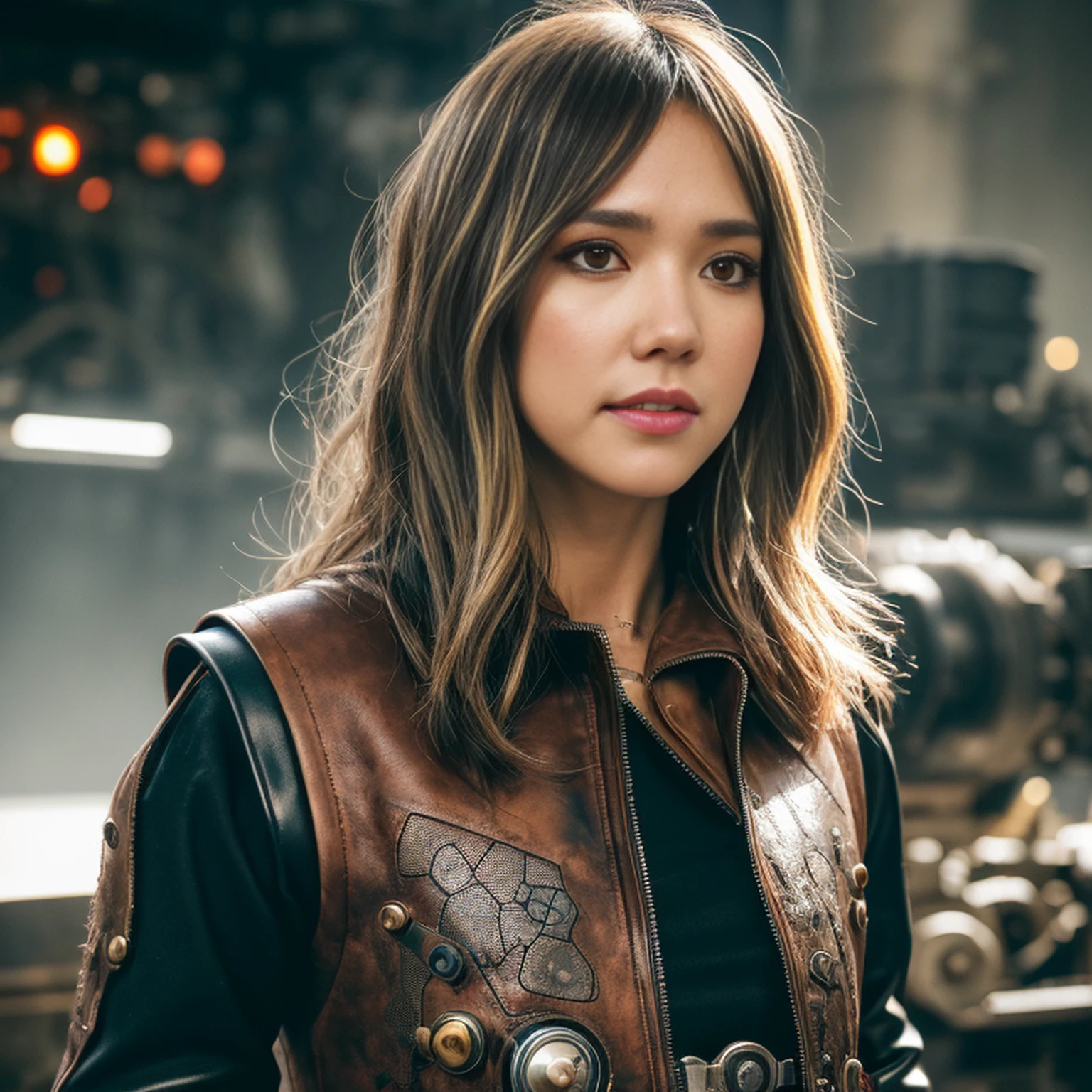 Jessica Alba, (absurdres, highres, ultra detailed), 1woman, mature female, aged, long wavy hair, split-colored hair, heterochromia, bangs, long sleeves, finely detailed eyes and detailed face, extremely detailed CG unit 8k wallpaper, intricate details, (style-rustmagic: 0.8), (medieval cyborg: 0.8), portrait, (bloody wounds:0.7), looking at the viewer, solo, half shot, detailed background, (steampunk theme:1.1) determined expression, technomancer dark couds, floating lights, colorful leather vest with gears, techwear, jetpack, workshop in the background, machines, gears, steam, industry, technology, oven, dirt, anvil, buttons, levers, automaton, electricity, electric sparks epic atmosphere,, portrait