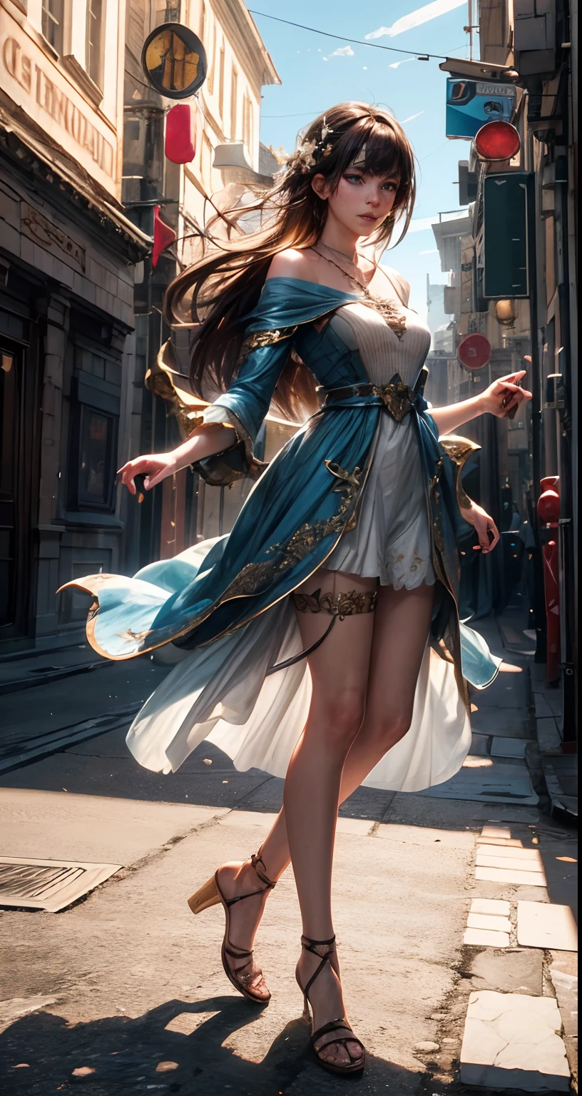 high quality, highly detailed, 8K Ultra HD, masterpiece, super realistic, beautiful princess , fantasy world, beautiful girl,, flower spirit, a depiction of delicate hair, delicate skin, beautiful eyes, blue eyes, brown hair, white dress, necklace with gems, castle background, three dimensional effect, full body, enhanced beauty, Albert Anker, Feeling like John Howe, Greg Rutkowski, Artgerm, WLOP, Alphonse Beeple, luminism, 3d render, octane render, cinematic, Isometric, by yukisakura, awesome full color,