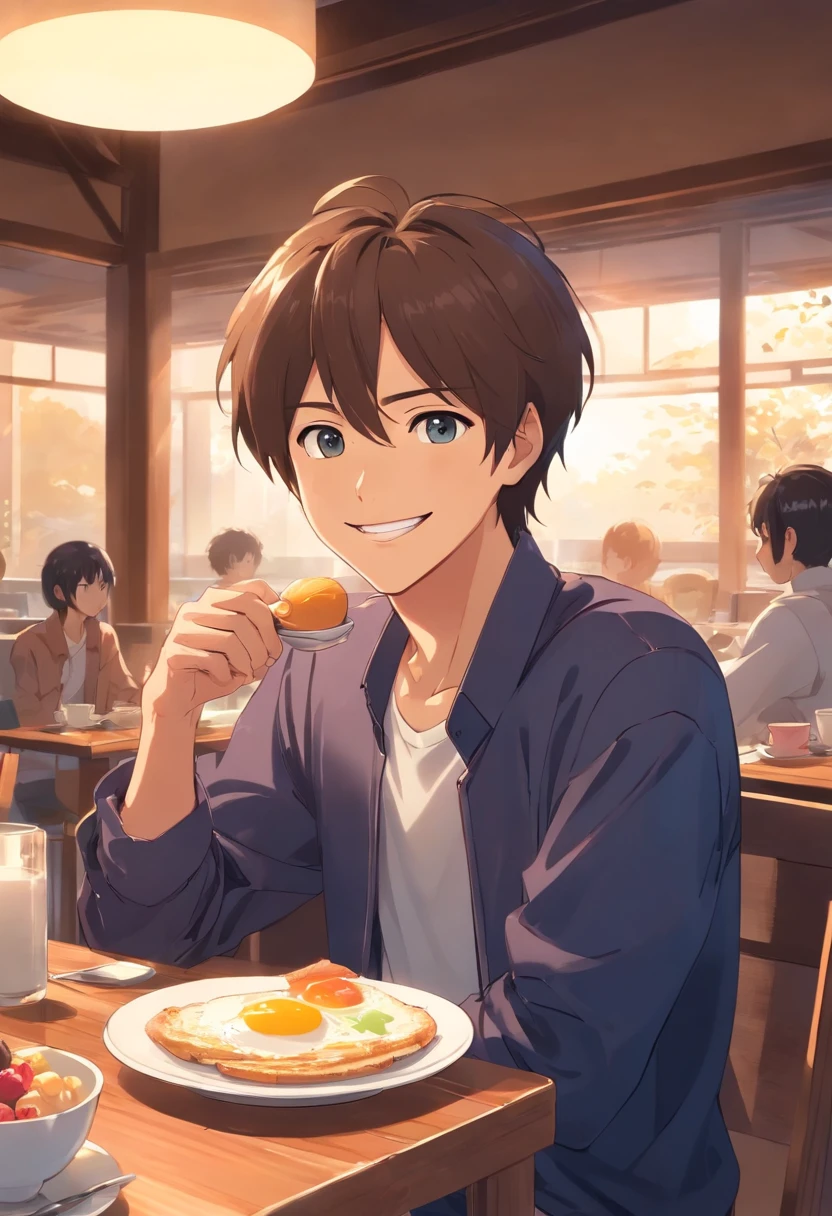 man at the table having his breakfast with a friendly smile looking at the viewer