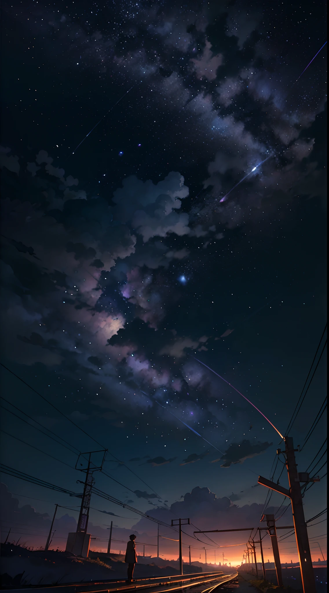 Anime scene where trains pass under blue and purple skies，Anime drawing by Makoto Shinkai，Popular trends on pixiv，magic realism，beautiful anime scenes，Cosmos Sky。 By Makoto Shinkai, ( ( Makoto Shinkai ) ), By Makoto Shinkai, Anime background art, Shinkai Makoto style.Detail enhancement，Perfect detailing，The stars twinkle