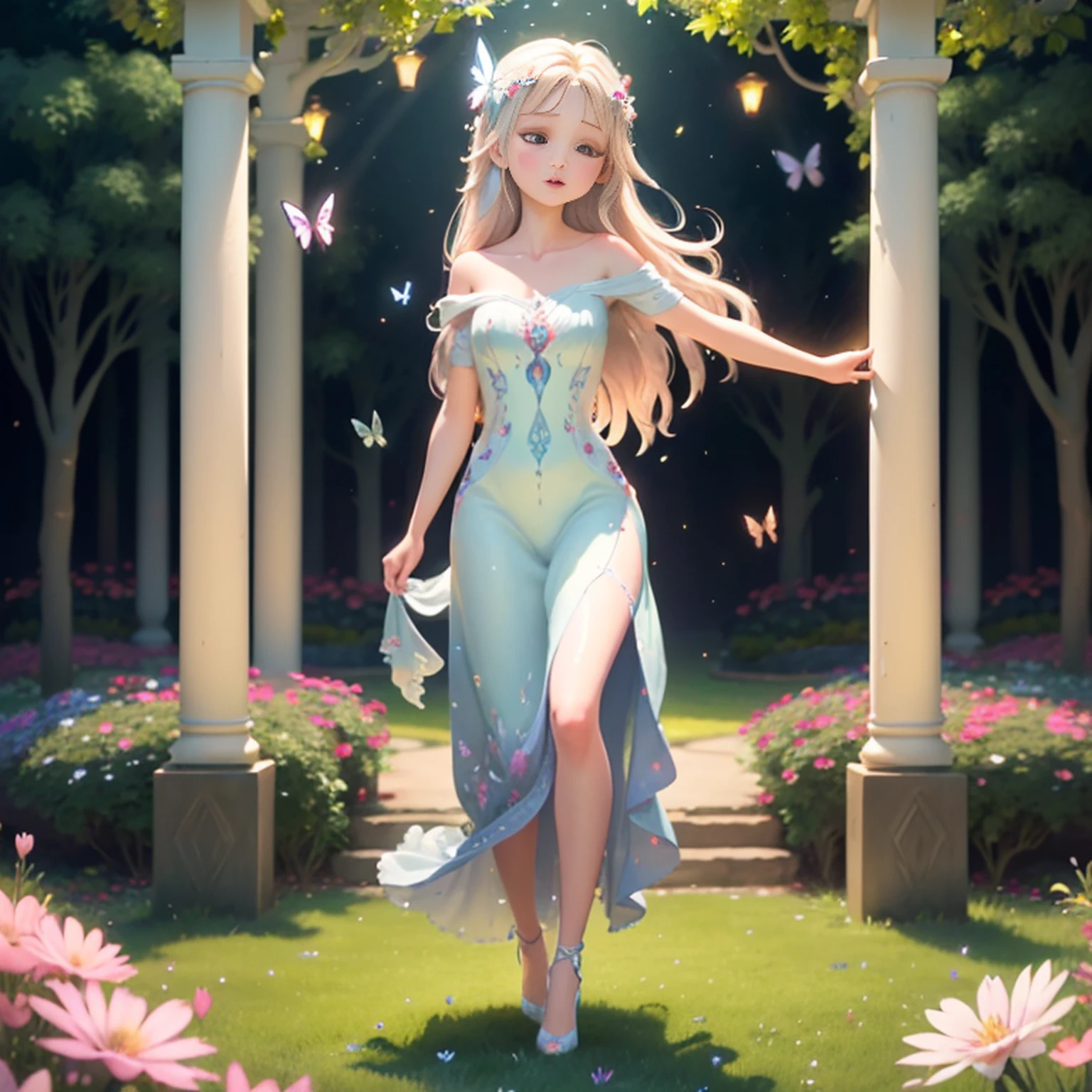 1girl, solo, full body, (masterpiece:1.21), (best quality:1.2), colorful, (illustration:1.2), (cinematic lighting:1.1), (bare shoulders:1.21), (collarbone:1.21)
In this whimsical and fantastical garden, the scene is illuminated by a rainbow of (colorful fireflies), dancing and fluttering in the air. The garden is decorated by a gentle (drizzle), creating a misty and ethereal atmosphere. In the center of the scene, there is a single girl, an extremely delicate and beautiful girl, with cute features and an innocent expression. Her long hair is flowing with the wind. She is wearing no shoulder straps dress, which is ultra low cut, highlighting her delicate curves.
The lighting is very delicate and beautiful, creating a soft and warm glow that highlights the water, making it sparkle like diamonds. The finest grass is also illuminated, creating a lush and verdant carpet. The garden is surrounded by colorful flower fields, with blooms of every color and shape. (Colorful butterflies), of every shade and size, can be seen fluttering around the scene, adding to the overall sense of wonder and magic. (look ai viewer),A blush can be seen on her nose, and her mouth is slightly open, adding to the overall sense of innocence and youthfulness. Falling petals can be seen floating around her, adding to the overall sense of romance and beauty. A gentle wind is blowing through the scene, making the leaves rustle and the flowers sway, adding to the overall sense of movement and life. This is a scene of pure wonder and magic, filled with color and beauty, where the viewer can lose themselves in the enchanting and captivating world.