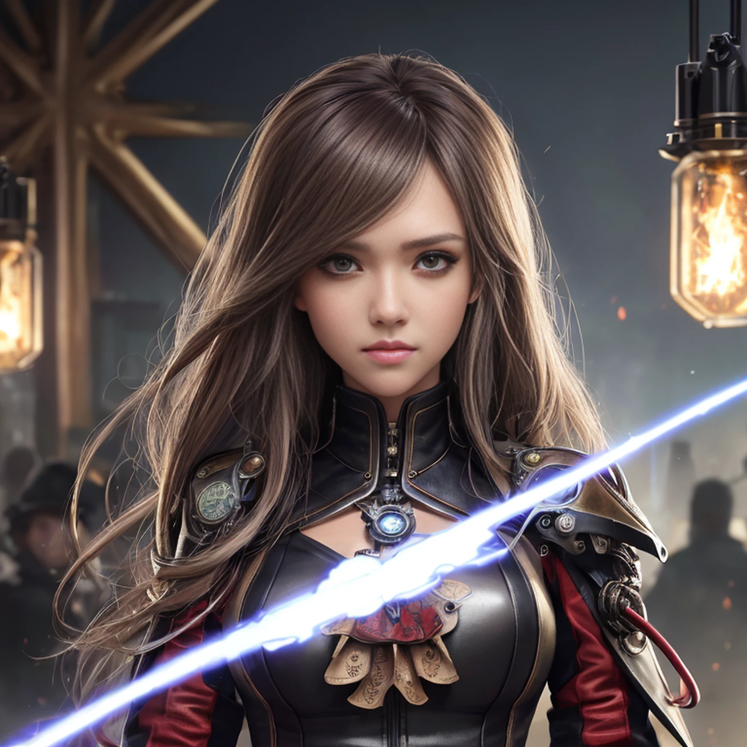 Jessica Alba, (absurdres, highres, ultra detailed), 1woman, mature female, aged, long wavy hair, split-colored hair, heterochromia, bangs, long sleeves, finely detailed eyes and detailed face, extremely detailed CG unit 8k wallpaper, intricate details, (style-rustmagic: 0.8), (medieval cyborg: 0.8), portrait, (bloody wounds:0.7), looking at the viewer, solo, half shot, detailed background, (steampunk theme:1.1) determined expression, technomancer dark couds, floating lights, colorful leather vest with gears, techwear, jetpack, workshop in the background, machines, gears, steam, industry, technology, oven, dirt, anvil, buttons, levers, automaton, electricity, electric sparks epic atmosphere,, portrait