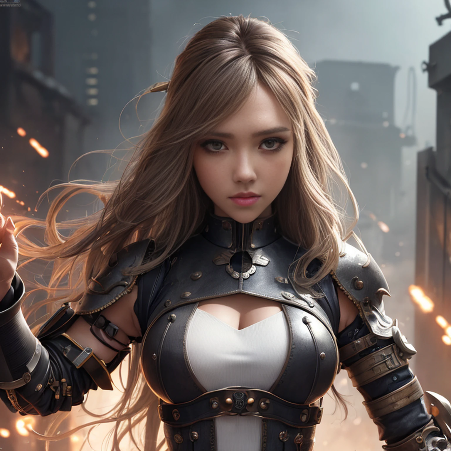 Jessica Alba, (absurdres, highres, ultra detailed), 1woman, mature female, aged, long wavy hair, split-colored hair, heterochromia, bangs, long sleeves, finely detailed eyes and detailed face, extremely detailed CG unit 8k wallpaper, intricate details, (style-rustmagic: 0.8), (medieval cyborg: 0.8), portrait, (bloody wounds:0.7), looking at the viewer, solo, half shot, detailed background, (steampunk theme:1.1) determined expression, technomancer dark couds, floating lights, colorful leather vest with gears, techwear, jetpack, workshop in the background, machines, gears, steam, industry, technology, oven, dirt, anvil, buttons, levers, automaton, electricity, electric sparks epic atmosphere,, portrait