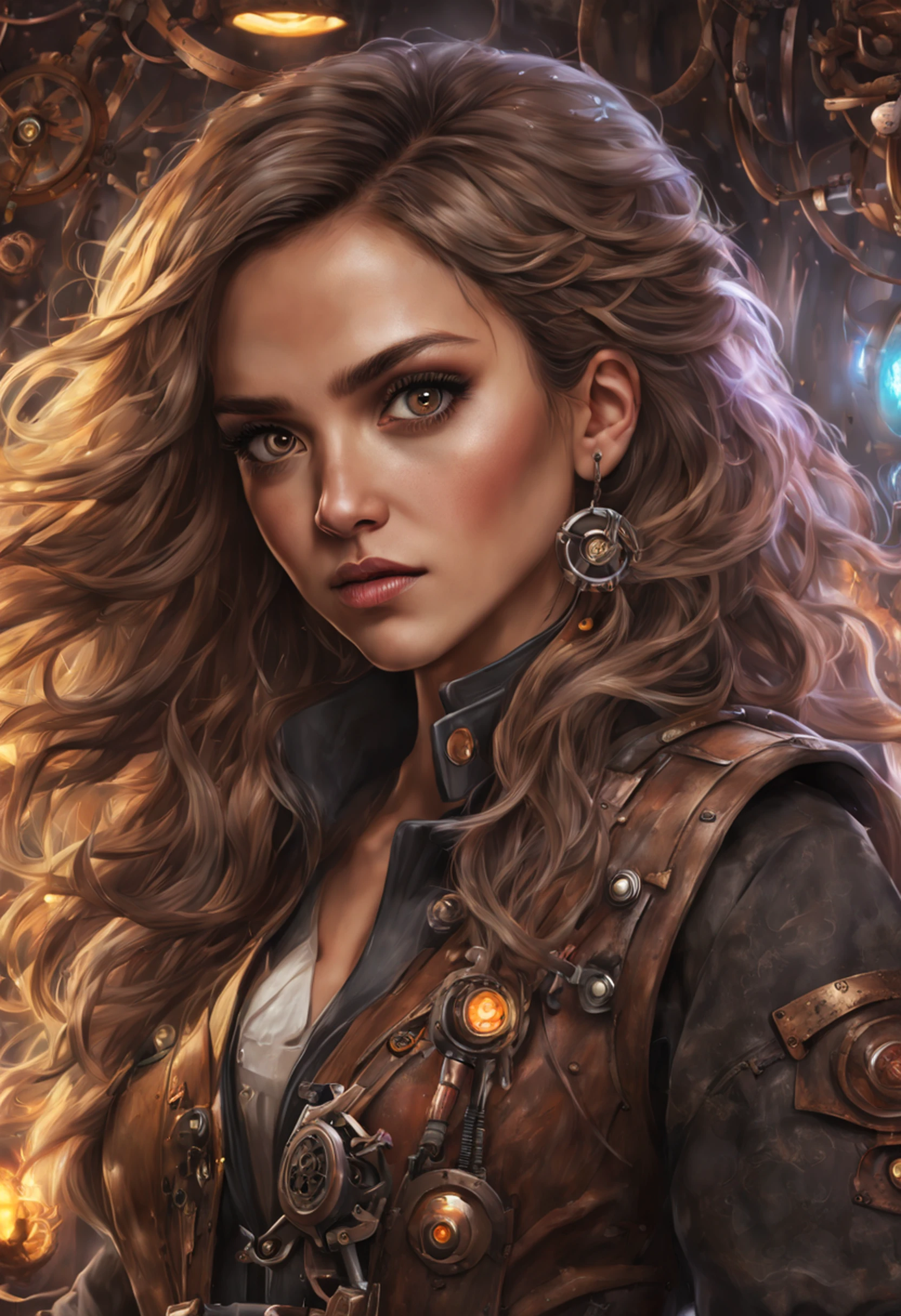 Jessica Alba, (absurdres, highres, ultra detailed), 1woman, mature female, aged, long wavy hair, split-colored hair, heterochromia, bangs, long sleeves, finely detailed eyes and detailed face, extremely detailed CG unit 8k wallpaper, intricate details, (style-rustmagic: 0.8), (medieval cyborg: 0.8), portrait, (bloody wounds:0.7), looking at the viewer, solo, half shot, detailed background, (steampunk theme:1.1) determined expression,  technomancer dark couds, floating lights, colorful leather vest with gears, techwear, jetpack, workshop in the background, machines, gears, steam, industry, technology, oven, dirt, anvil, buttons, levers, automaton, electricity, electric sparks epic atmosphere,, portrait