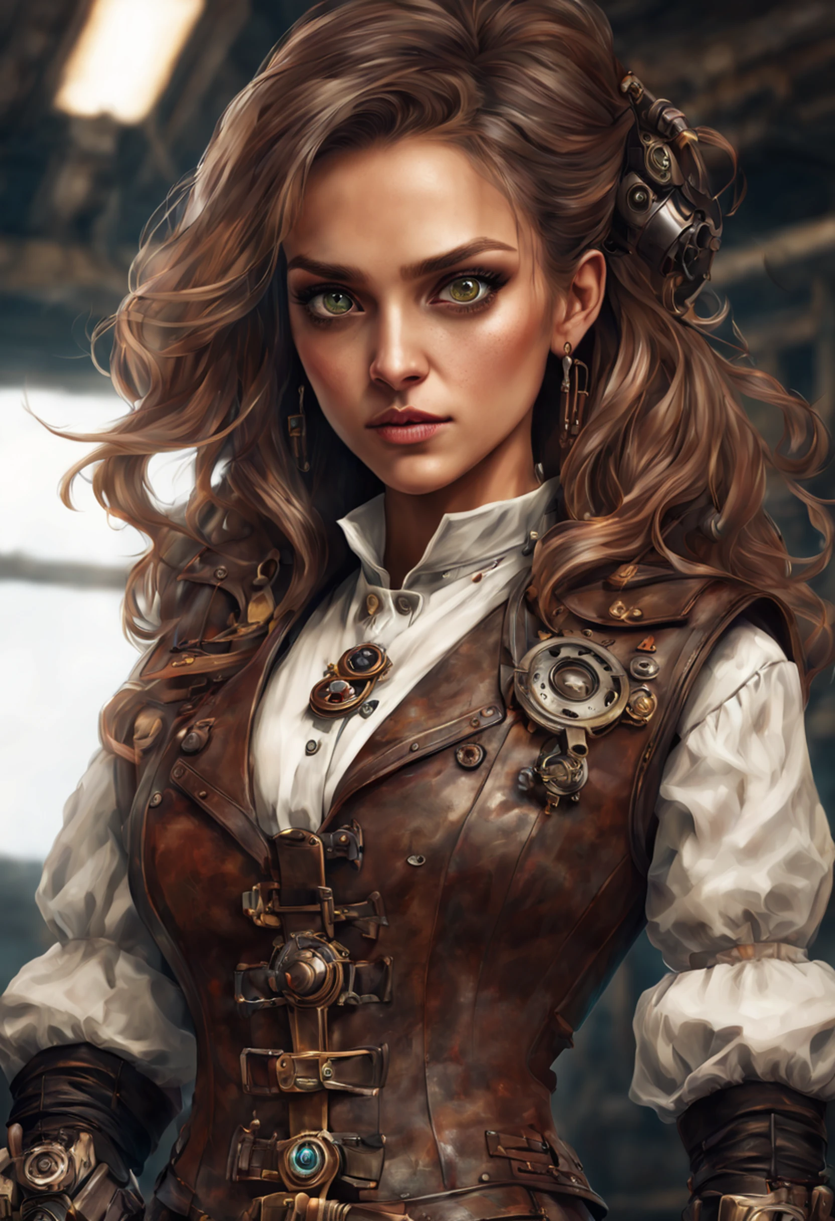 Jessica Alba, (absurdres, highres, ultra detailed), 1woman, mature female, aged, long wavy hair, split-colored hair, heterochromia, bangs, long sleeves, finely detailed eyes and detailed face, extremely detailed CG unit 8k wallpaper, intricate details, (style-rustmagic: 0.8), (medieval cyborg: 0.8), portrait, (bloody wounds:0.7), looking at the viewer, solo, half shot, detailed background, (steampunk theme:1.1) determined expression, technomancer dark couds, floating lights, colorful leather vest with gears, techwear, jetpack, workshop in the background, machines, gears, steam, industry, technology, oven, dirt, anvil, buttons, levers, automaton, electricity, electric sparks epic atmosphere,, portrait