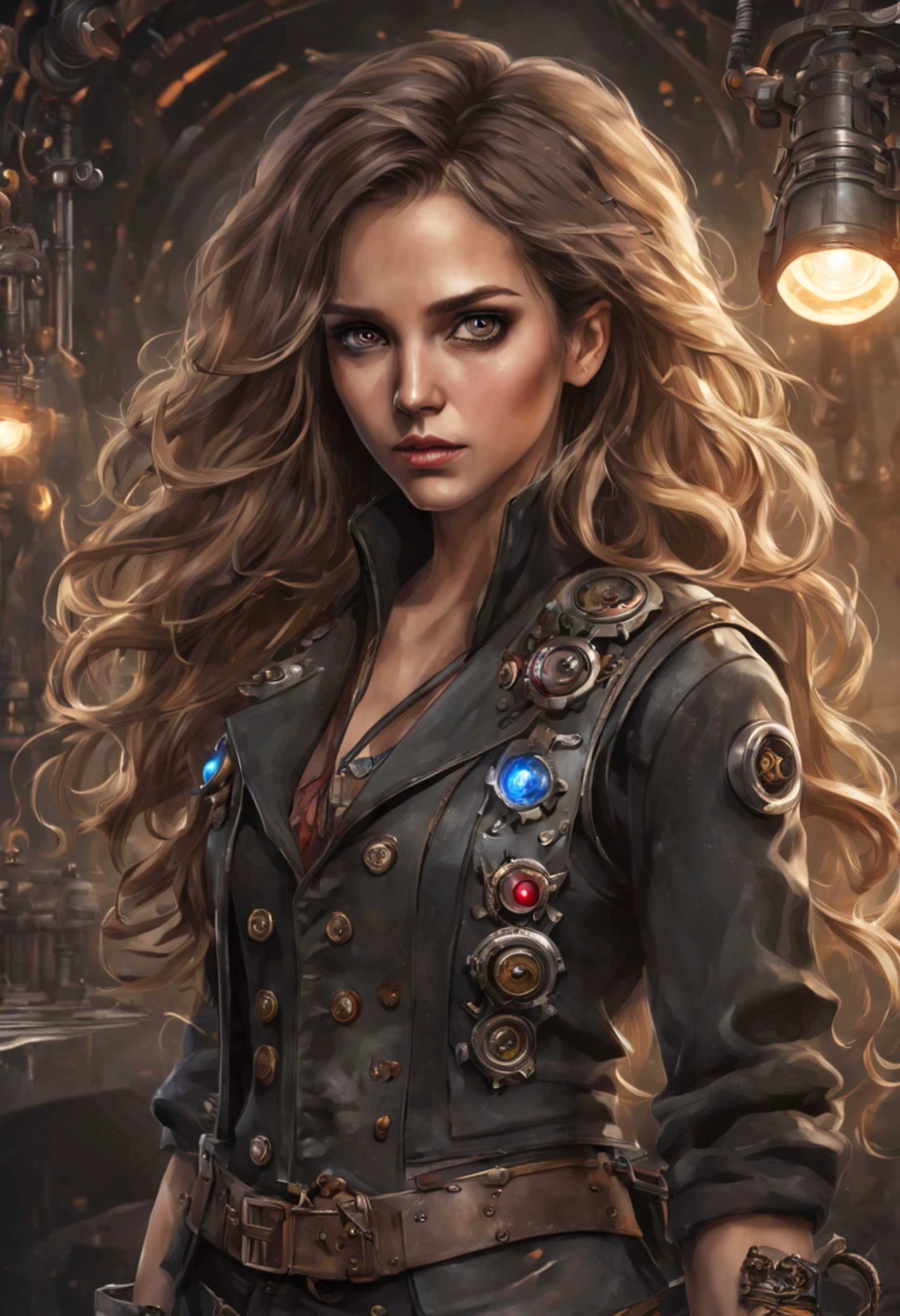 Jessica Alba, (absurdres, highres, ultra detailed), 1woman, mature female, aged, long wavy hair, split-colored hair, heterochromia, bangs, long sleeves, finely detailed eyes and detailed face, extremely detailed CG unit 8k wallpaper, intricate details, (style-rustmagic: 0.8), (medieval cyborg: 0.8), portrait, (bloody wounds:0.7), looking at the viewer, solo, half shot, detailed background, (steampunk theme:1.1) determined expression,  technomancer dark couds, floating lights, colorful leather vest with gears, techwear, jetpack, workshop in the background, machines, gears, steam, industry, technology, oven, dirt, anvil, buttons, levers, automaton, electricity, electric sparks epic atmosphere,, portrait