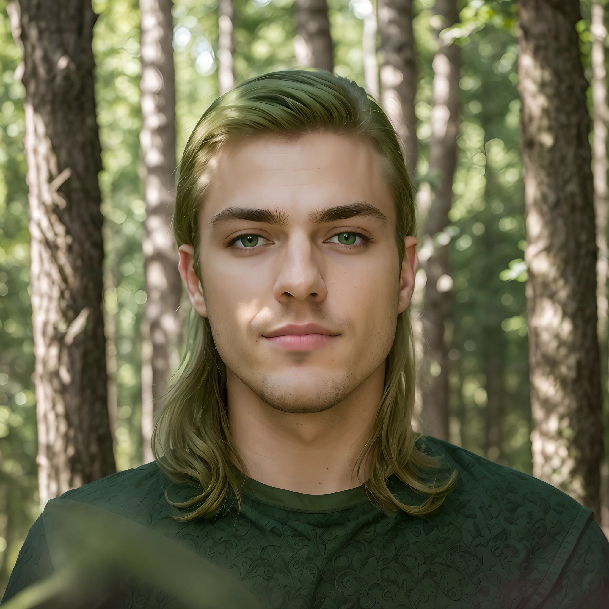 "(Best Quality,4k,hight resolution,Masterpiece:1.2),ultra-realistic,Elven guy with beautiful detailed facial features, intense gaze, Lush green forest in the background, male,Strong,Penetrating eyes, 19 years, smiling slightly at the corners of his lips, SMM Face, beautiful nose, Detail Eyes"