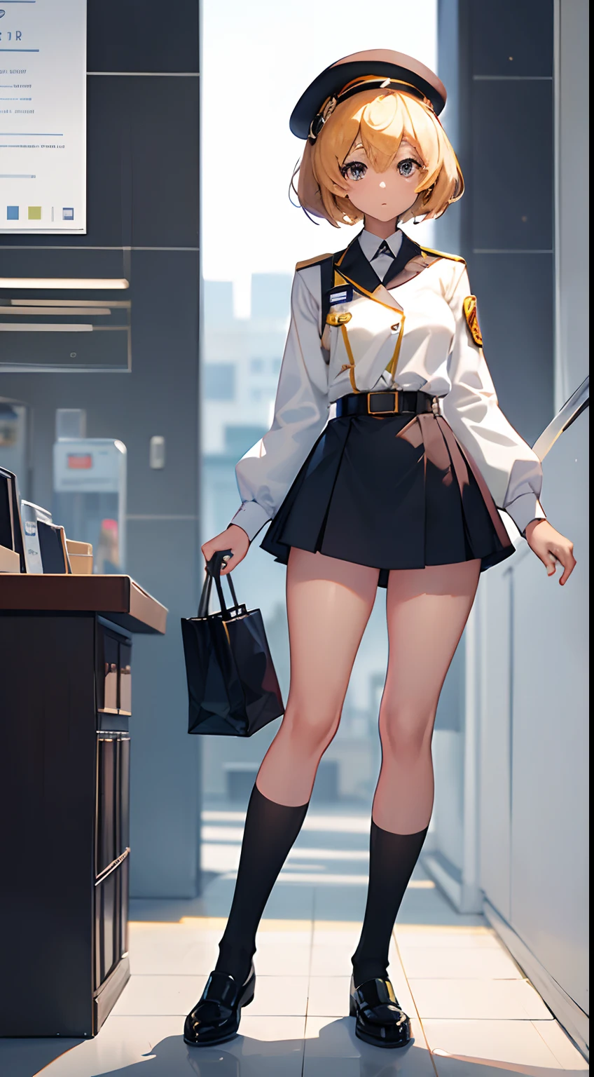 Cashier inspired character design, 24 years old, short, light skin, professional character design sheet, 1 girl, solo, 1girl, plain simple white background, branch, achiever, McDonalds Cashier, retail, black uniform, dynamic foreshortning pose, dynamic camera, full body