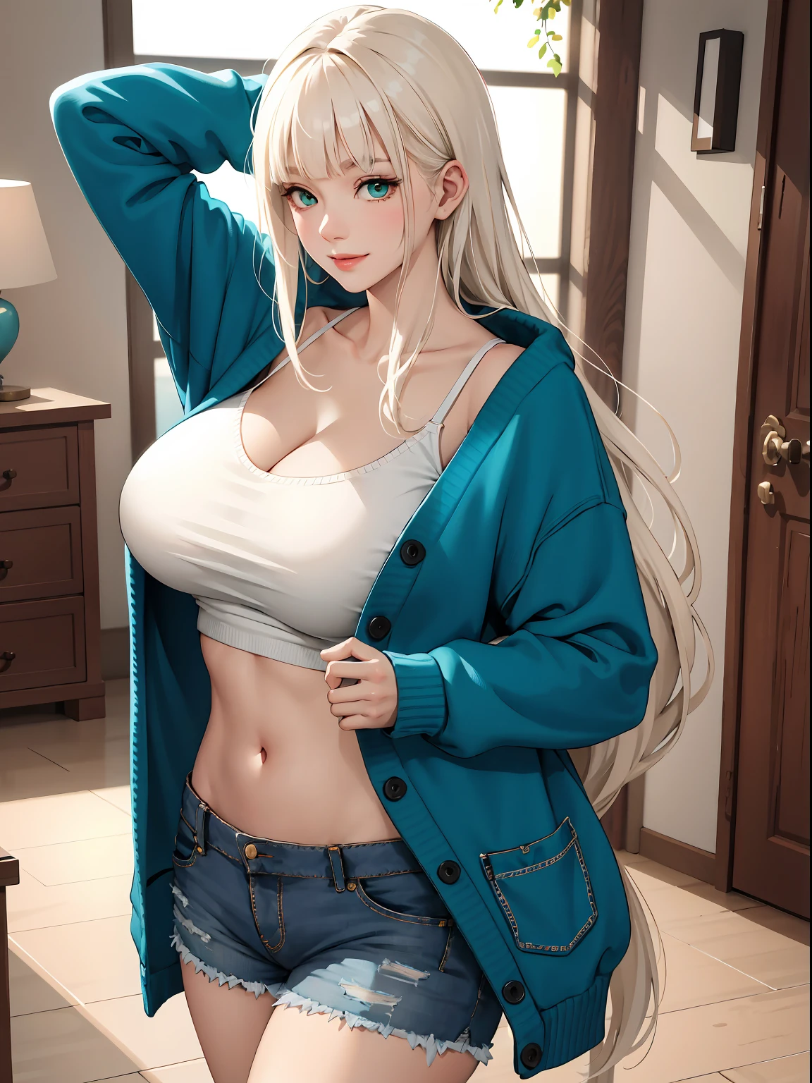 (masterpiece:1.2, best quality), (real picture, intricate details), 1lady, solo, upper body, casual, long hair, minimal makeup, natural fabrics, close-up face, smile, home, long light platinum blonde hair, bangs, Korean bangs, bangs on forehead, green eyes, big breasts, big tits, big butt, big ass, stylish clothing, jean shorts, hoodie, cardigan, wool top, teal cardigan, blue sweater, teal top, cardigan, big tits, casual settings, home background, stylish clothing, big tits, big breasts, big chest, adult, adult woman