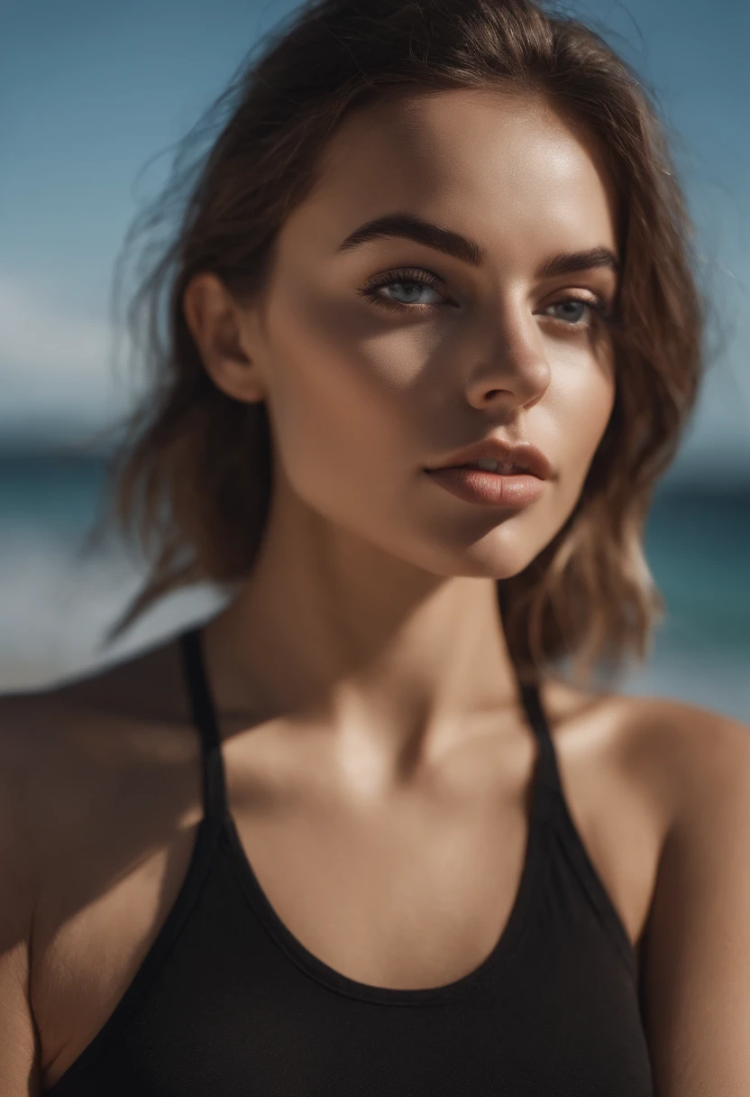 Arafed woman with matching tank top and panties, fille sexy aux yeux bruns, Portrait Sophie Mudd, cheveux bruns et grands yeux, Les yeux dans la chambre, ohne Maquillage, maquillage naturel, Look directly into the camera, Visage avec Artgram, dezentes Maquillage, Superbe photo du corps entier, Fission, sur une plage de sable blanc en string