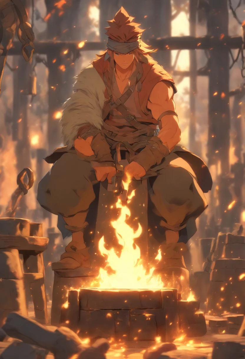 (((BLACKSMITH))) best quality, very high resolution, 4K detailed CG, masterpiece,Svarog,spark, Slavic tribes, Slavic city, forest, aesthetics, beautiful image, centered on screen, full body