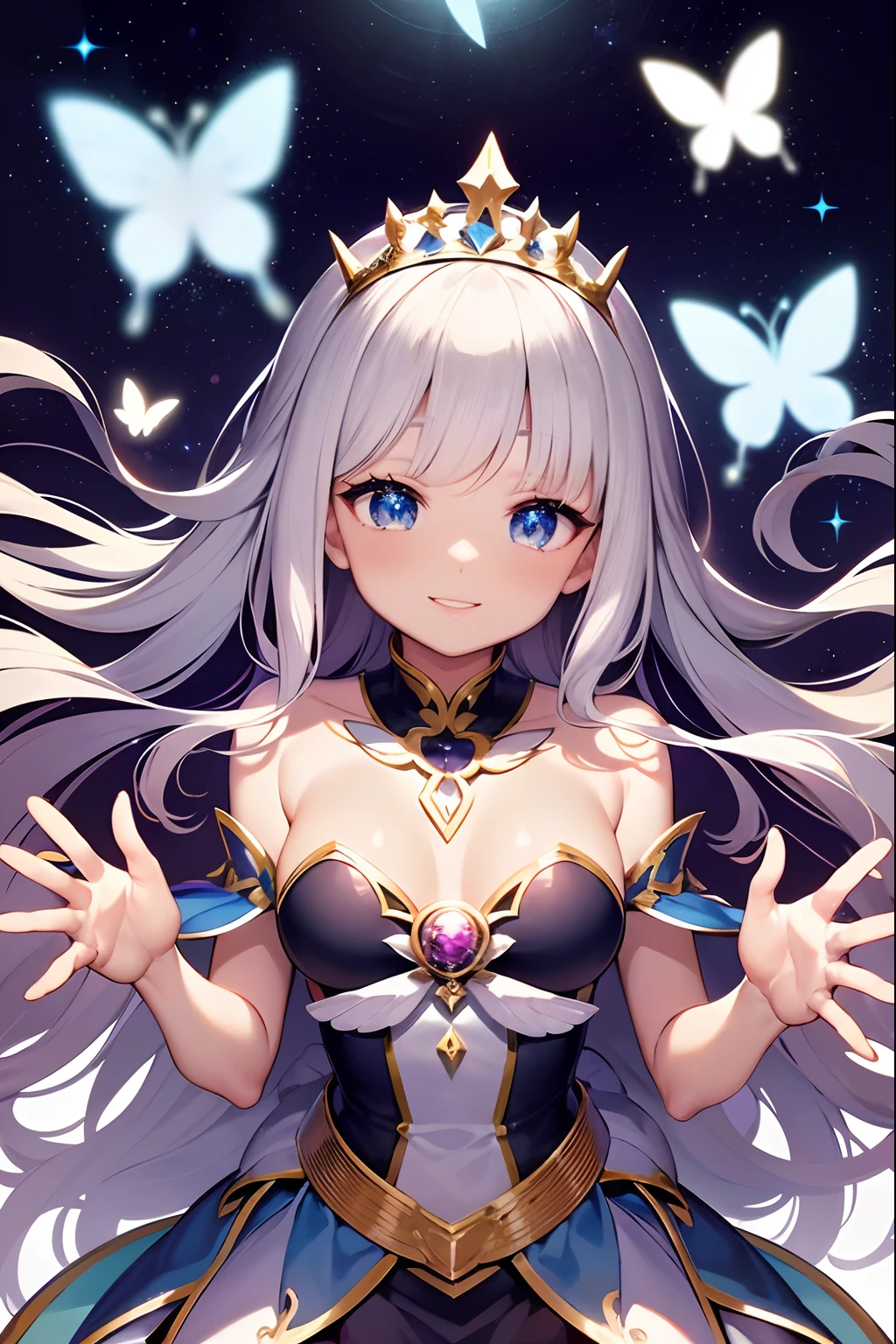 magical girl,magic girl outfit,long wavy hair,sparkling eyes,enchanted smile,radiant aura,glowing wand,flowing cape,colorful ribbons and bows,sparkling tiara,mystical symbols,magical powers,brilliant special effects,enchanted forest background,flying in the air,joyful and playful expression,butterfly companion,peaceful and magical atmosphere,mysterious moonlight,whimsical and vibrant colors,ethereal beauty,magical transformation,sparkling stars,shimmering glitter,illuminating glow,spellbinding charm,graceful and elegant movements,expressive poses,confident and determined attitude,empowering and uplifting presence,inspiring hope and wonder,bringing magic to the world,magical girl adventures.