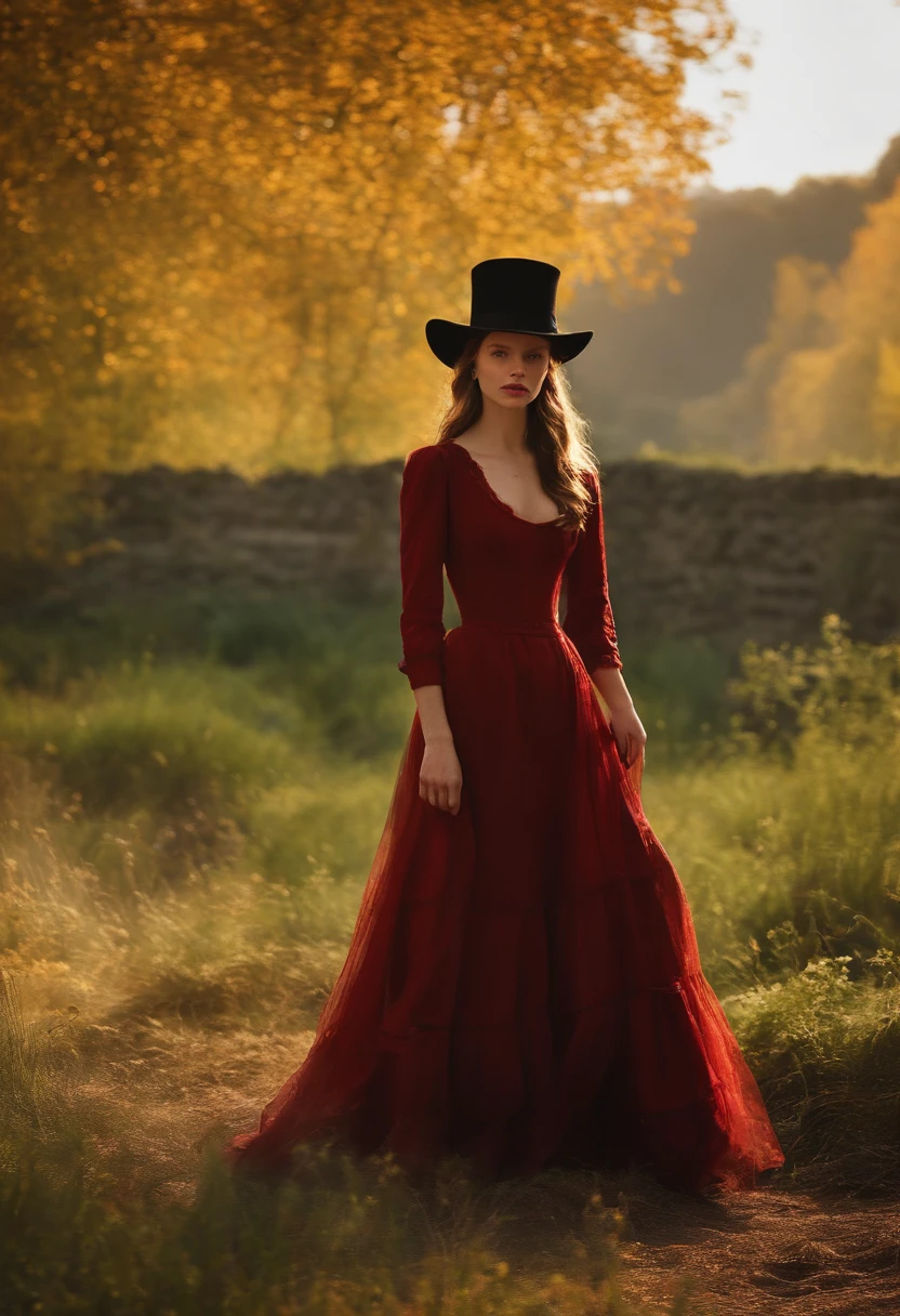 Mia Goth,Brown hair,Red dress with long sleeves,With a top hat,Dancing,There was blood on his cheek,bright,Happy,Colorful,Scarecrow in the background,Masterpiece,Best quality,beautiful effects, Vivid colors,filmposter