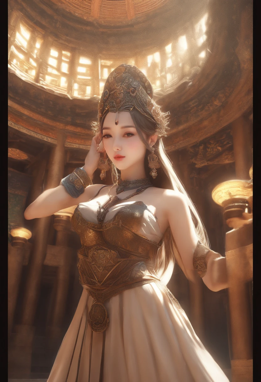 (RAW photo, best quality), (realistic, photo-realistic:1.3),best quality,highly detailed,masterpiece,ultra-detailed,illustration,1girl,upper_body,dynamic angle,world masterpiece theater,messy_long_hair,best quality,extremely detailed CG unity 8k wallpaper,ink,Amazing,cinematic lighting,lens_flare, dunhuang_style