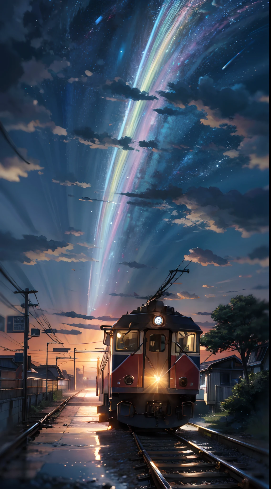 High quality masterpiece, landscape, anime train passing through bodies of water on tracks, bright starry sky. BREAK Romantic train, pixiv, concept art, lofi art style, reflection. by Makoto Shinkai, lofi art, Beautiful anime scene, BREAK Anime landscape, detailed scenery —width 672, in style of Makoto shinkai, style of Makoto shinkai, enhanced details, BREAK,Detailed,Realistic,4k highly detailed digital art,octane render, bioluminescent, BREAK 8K resolution concept art, realism,by Mappa studios,masterpiece,best quality,official art,illustration,ligne claire,(cool_color),perfect composition,absurdres, fantasy,focused,rule of thirds