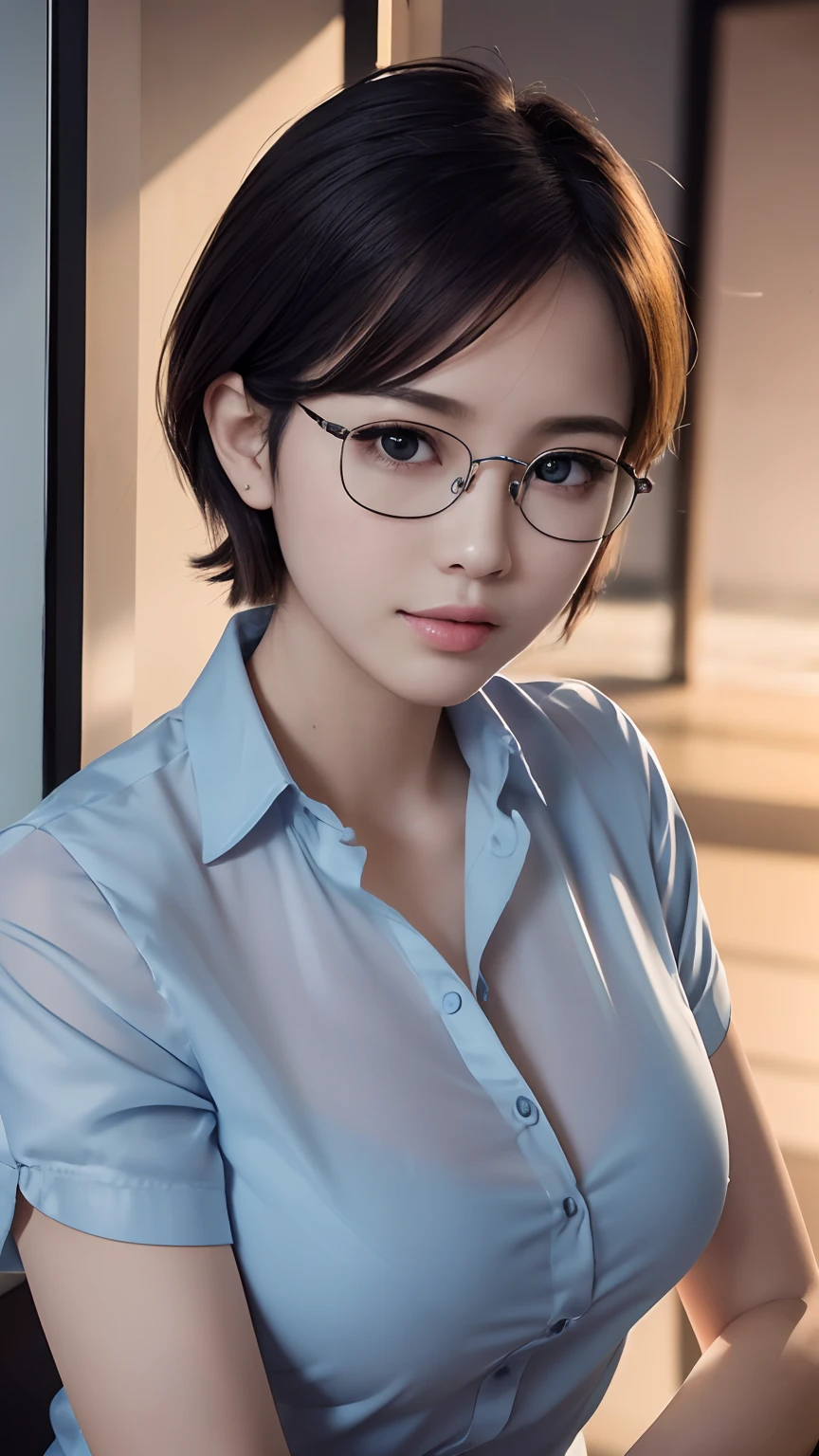 (short cut hair:1.4), breastsout, large full breasts:1.2, Blue-eyed, (perfect glossy shiny skins:1.3), (1girl in), (Best Quality,8K, Raw photography, top-quality, ​masterpiece:1.2), (Photorealsitic:1.37), (Exquisitely detailed), Ultras_Color, (realisitic), hightquality, ultra-detailliert, (real looking skin), (intricate-detail), (Dramatic_light), (Beautiful_Detailed_light), lensflare, Ultras_Color, (Shining_Particle), (Bright_Dust_Particle), Professonal lighting, photon maping, hight resolution, ighly detailed, lighting like a movie, (beautiful tbig eyes),lightsmile:1.2, High Nose Bridge,shinny eyes,(22 year old beautiful Japan woman),(A perfectly proportioned face),(lofty nose),Beautiful composition,(slim),nice hand,perfect hand,(huge-breasted:1.2),looking at the viewers,Dynamic Poses,Luminous particles,(shinny skin),Beautiful eyes,Beautiful face,(Resin frame glasses:1.3),(Forehead:1.3),Gray hair:1.2,