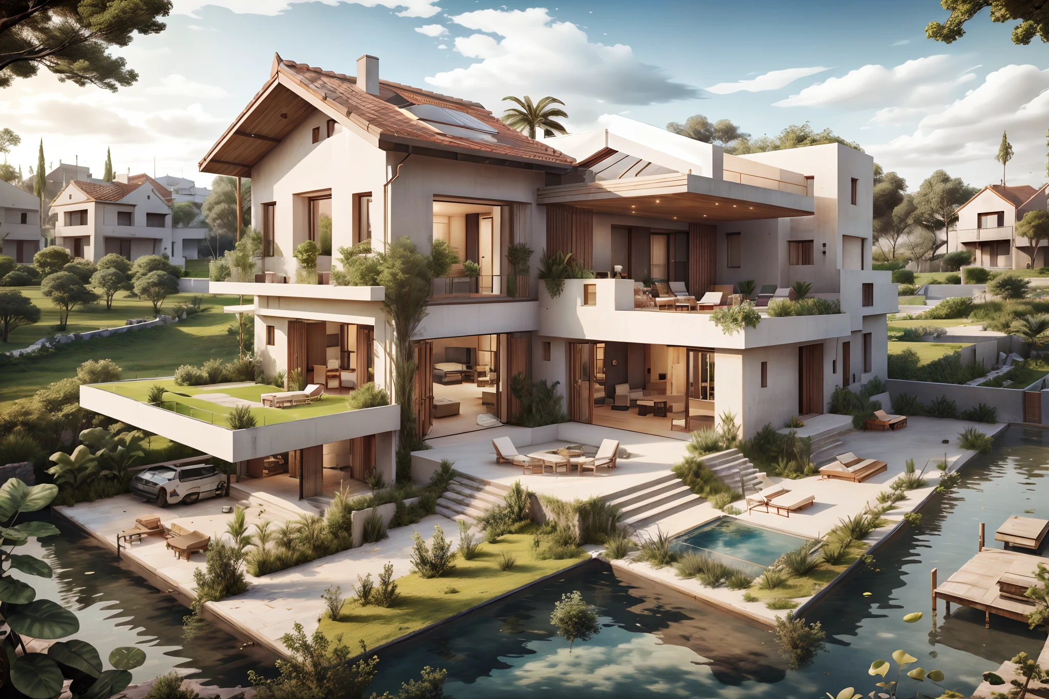 2d architecture plan d'une Villa sous forme de la lettre L