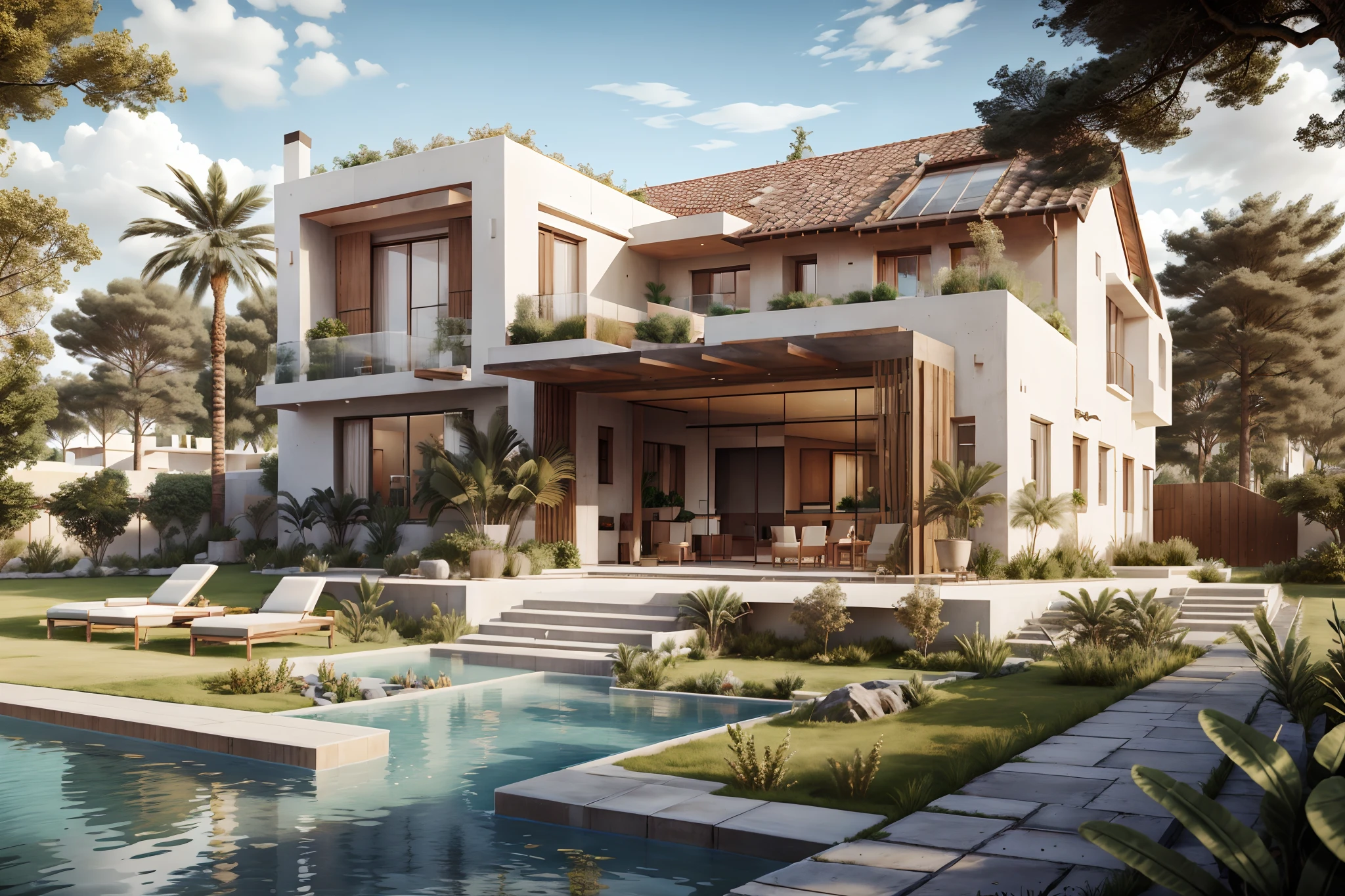 2d architecture plan d'une Villa sous forme de la lettre L