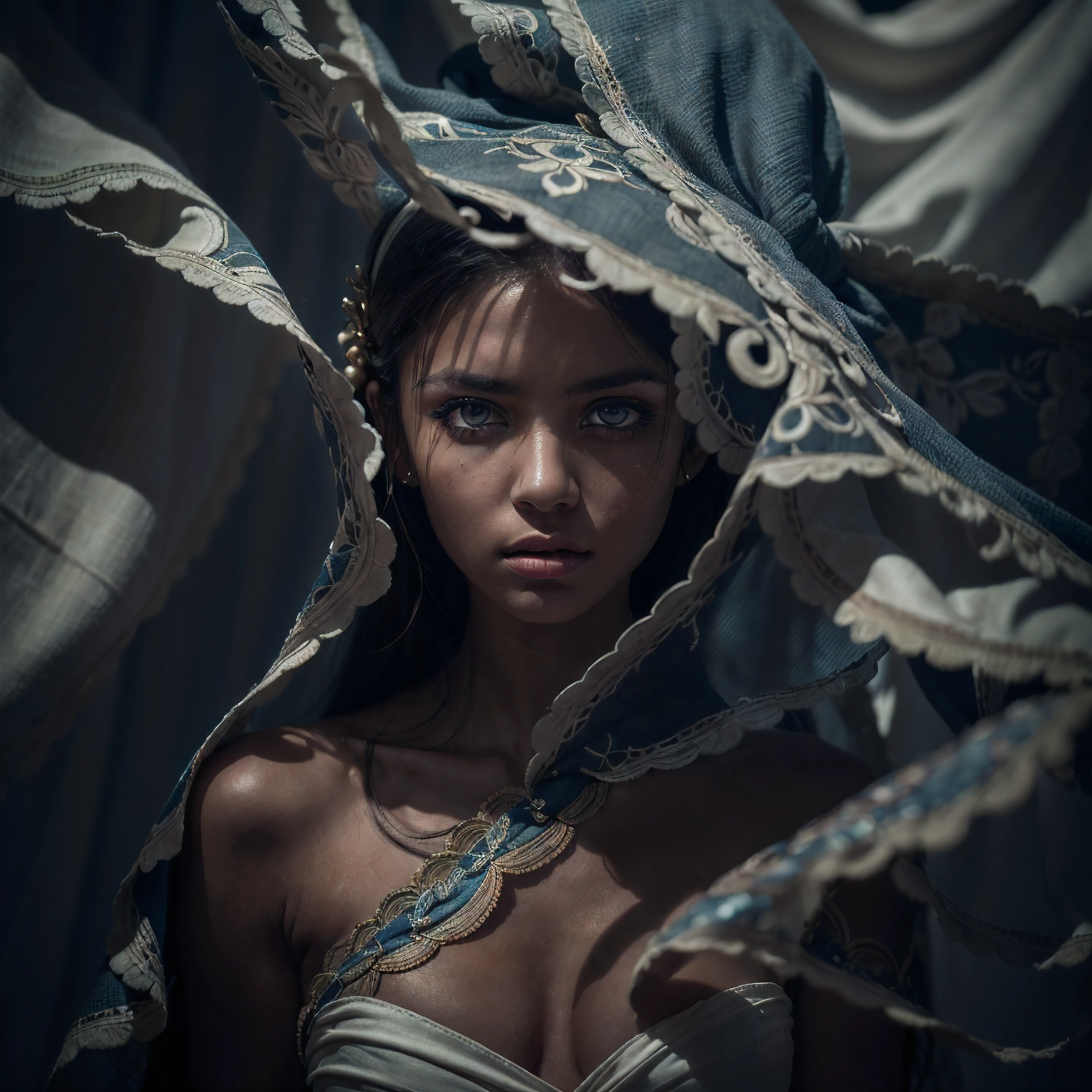 (complex composition:1.3), (detailed and expressive eyes:1.6), (futuristic style), (An intimate portrait of a naked woman surrounded by thin drapes:1.2), (closed mouth:1.2), (authentic expression in her eyes: 1.2), wearing dark smoke eye makeup, the photograph captured in stunning 8k resolution and raw format to preserve the highest quality of details. (bare shoulders, small covered breasts:1.3), (her eyes are portrayed with meticulous attention to detail: 1.3), The photograph is taken with a lens that emphasizes the depth in her eyes, (wind billows around her), and the backdrop is a dark studio setting that enhances the colours of the scene. The lighting and shadows are expertly crafted to bring out the richness of her skin tone and the intense atmosphere. Her creative hair adds a touch of contrast against her skin, The overall composition captures her essence with authenticity and grace, creating a portrait that celebrates her heritage and beauty. Photography utilizing the best techniques for shadow and lighting, to create a mesmerizing portrayal that transcends the visual, slightly tilted head,