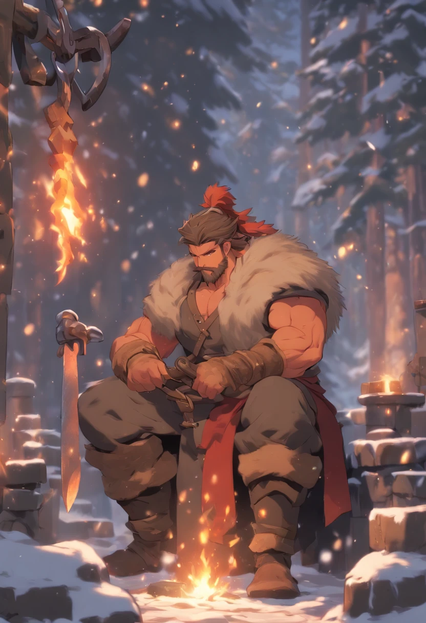 (((blacksmith man))) best quality, very high resolution, 4K detailed CG, masterpiece,Svarog,slavic mythology,forest,aesthetics,snow,forest, beautiful image, centered on screen, full body