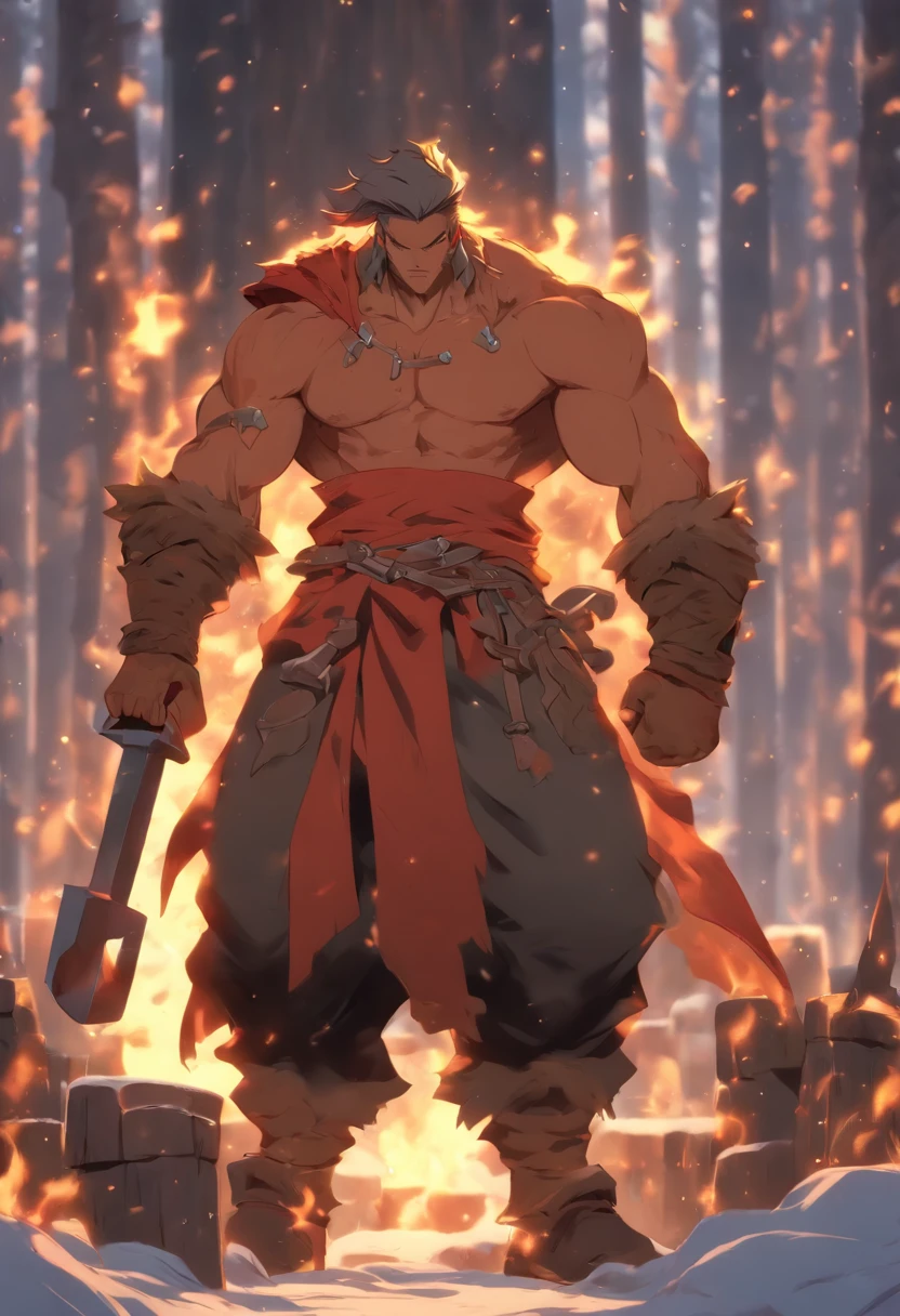 (((blacksmith man))) best quality, very high resolution, 4K detailed CG, masterpiece,Svarog,slavic mythology,forest,aesthetics,snow,forest, beautiful image, centered on screen, full body